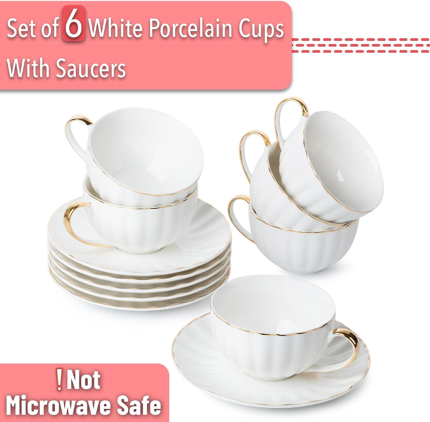 Elegant White Porcelain Tea Cups with Gold Trim, Set of 6