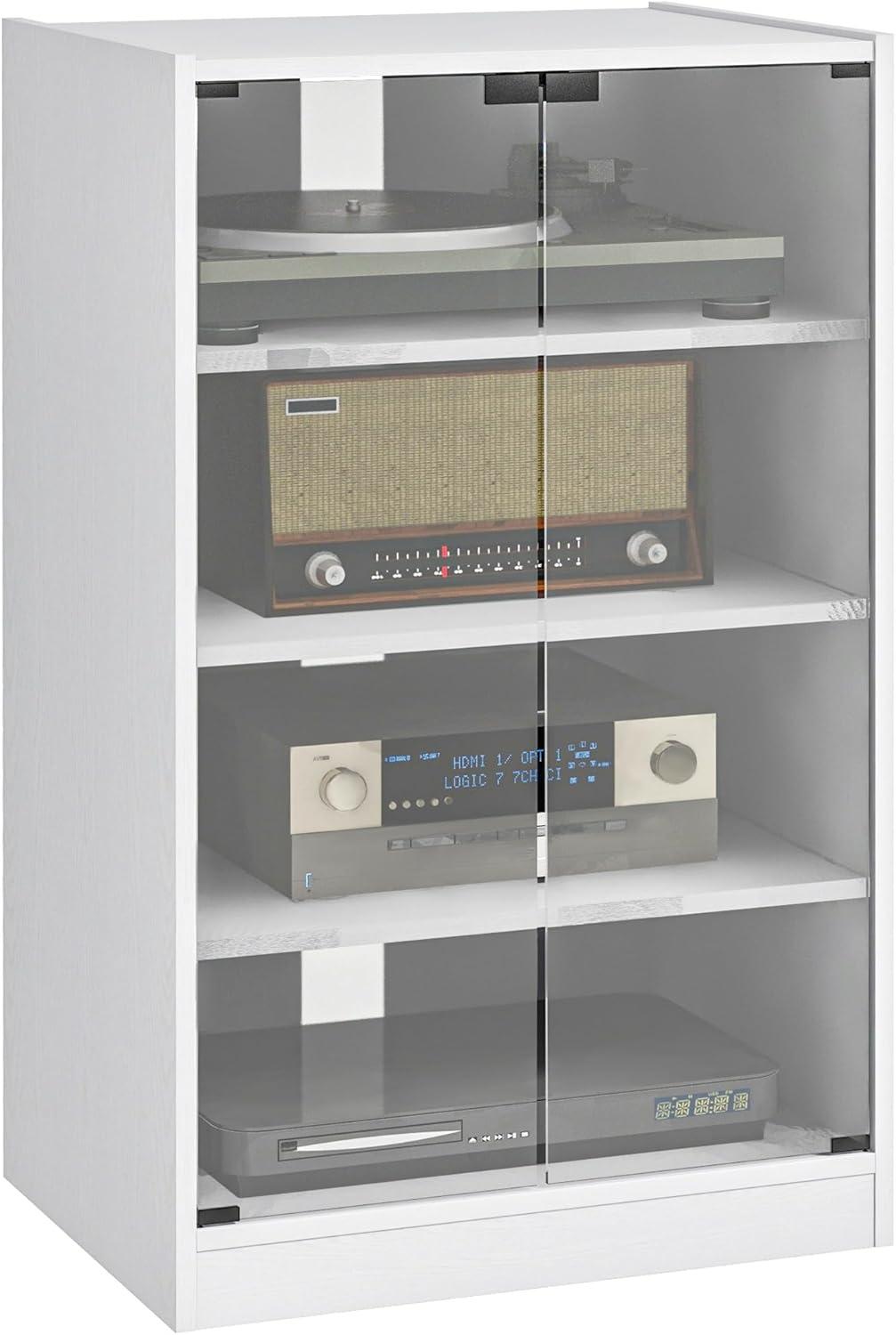 HOMCOM Media Cabinet, 4-Tier Stereo Cabinet, Record Player Stand with Vinyl Record Storage, Adjustable Shelves, Tempered Glass Doors and Cable Management, Distressed White