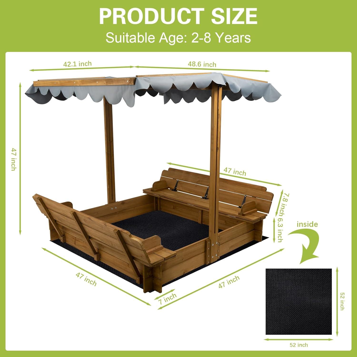 PETSCOSSET Wooden Sandbox with Cover, 48x48" Kids Sandbox with 2 Foldable Bench Seats & UV-Resistant Canopy for Backyard Lawn