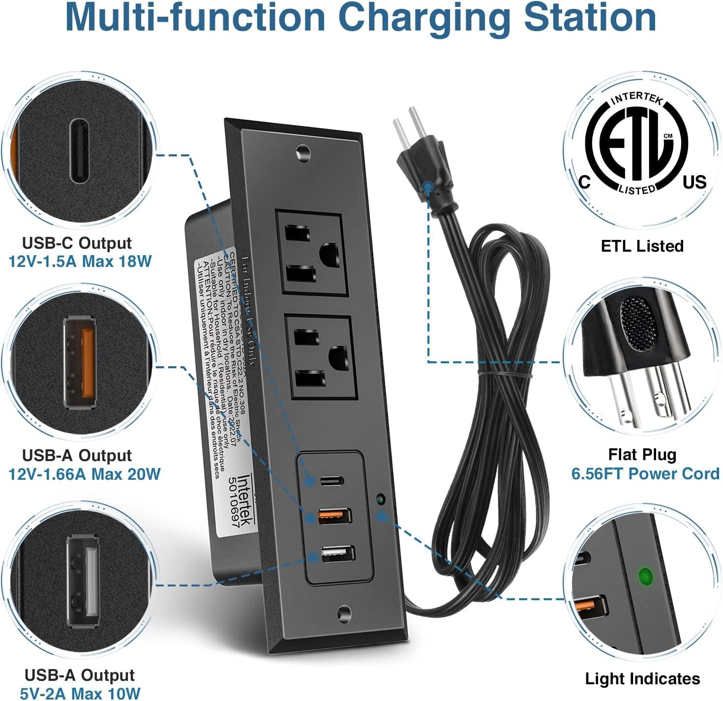 Black Recessed Power Strip with USB-C Fast Charging