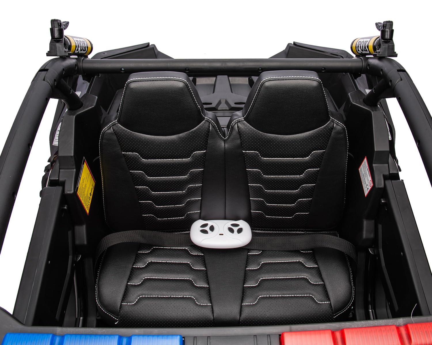 Huloretions Two Seater 24V Kids Ride on UTV Car, 4WD 300W Motors Powerful Electric Vehicle w/Remote Control, 4 Shock Absorbers, Leather Seats, Music and Lights, Electric Car for Kids