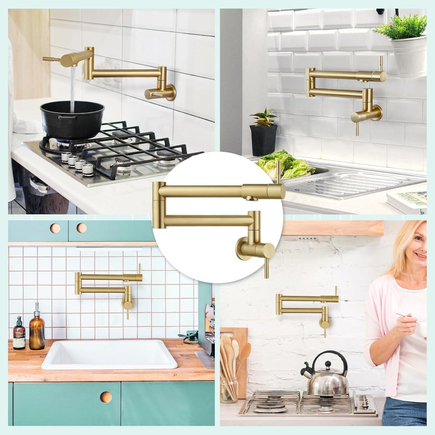 Brushed Gold Stainless Steel Wall Mount Pot Filler Faucet