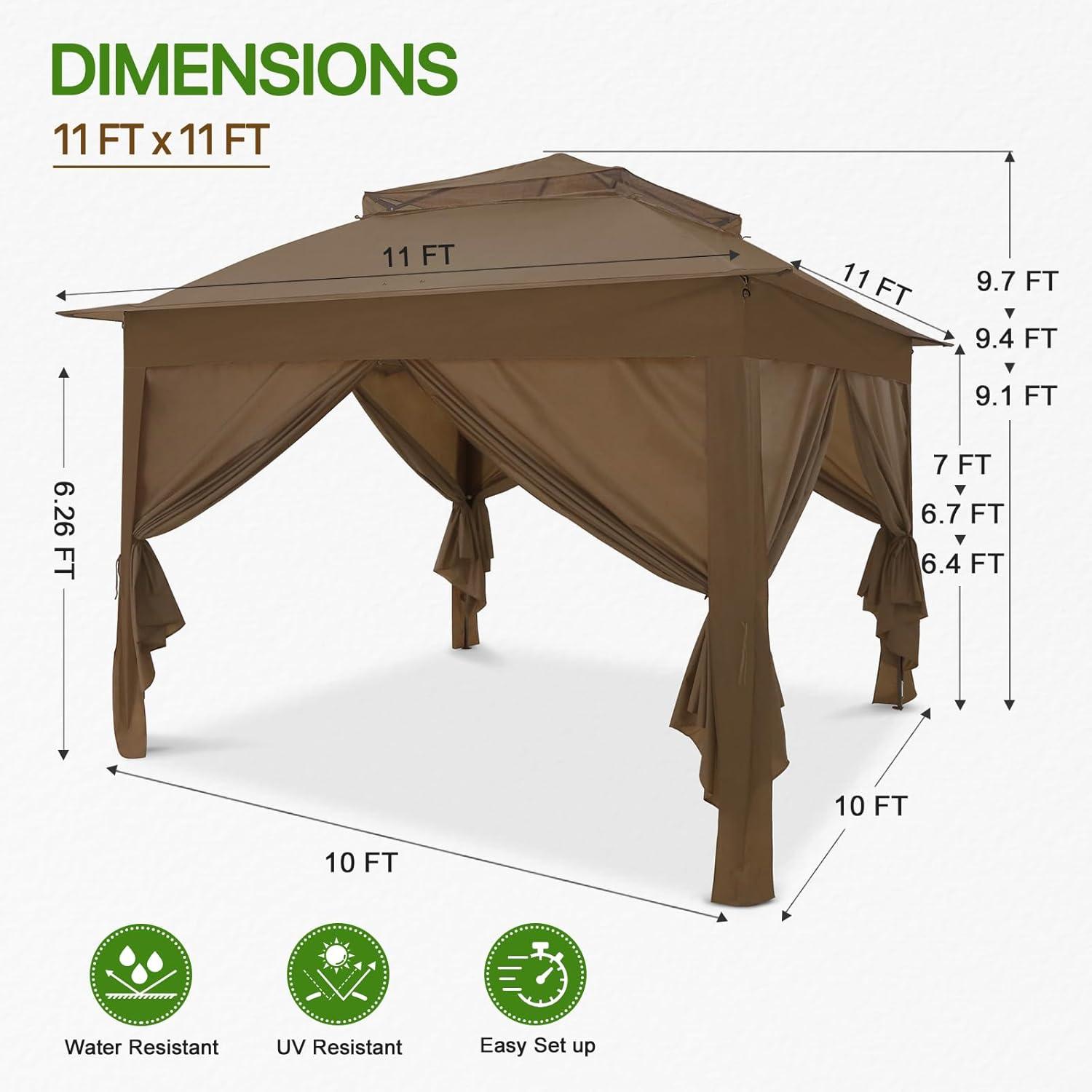 COOS BAY 11x11 Pop-up Instant Gazebo Tent with 4 Sidewalls Outdoor Canopy Shelter,Brown