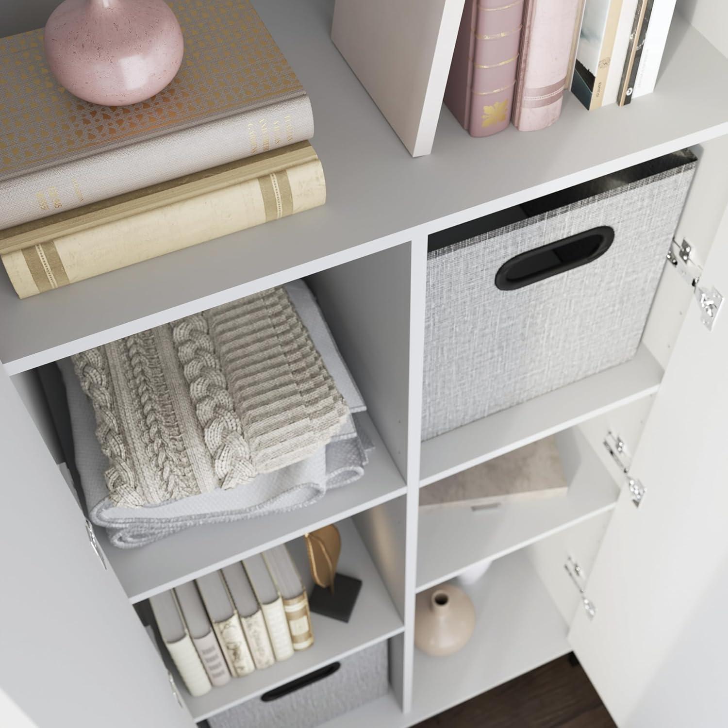 White Tall Storage Cabinet with Adjustable Shelves and Metal Base