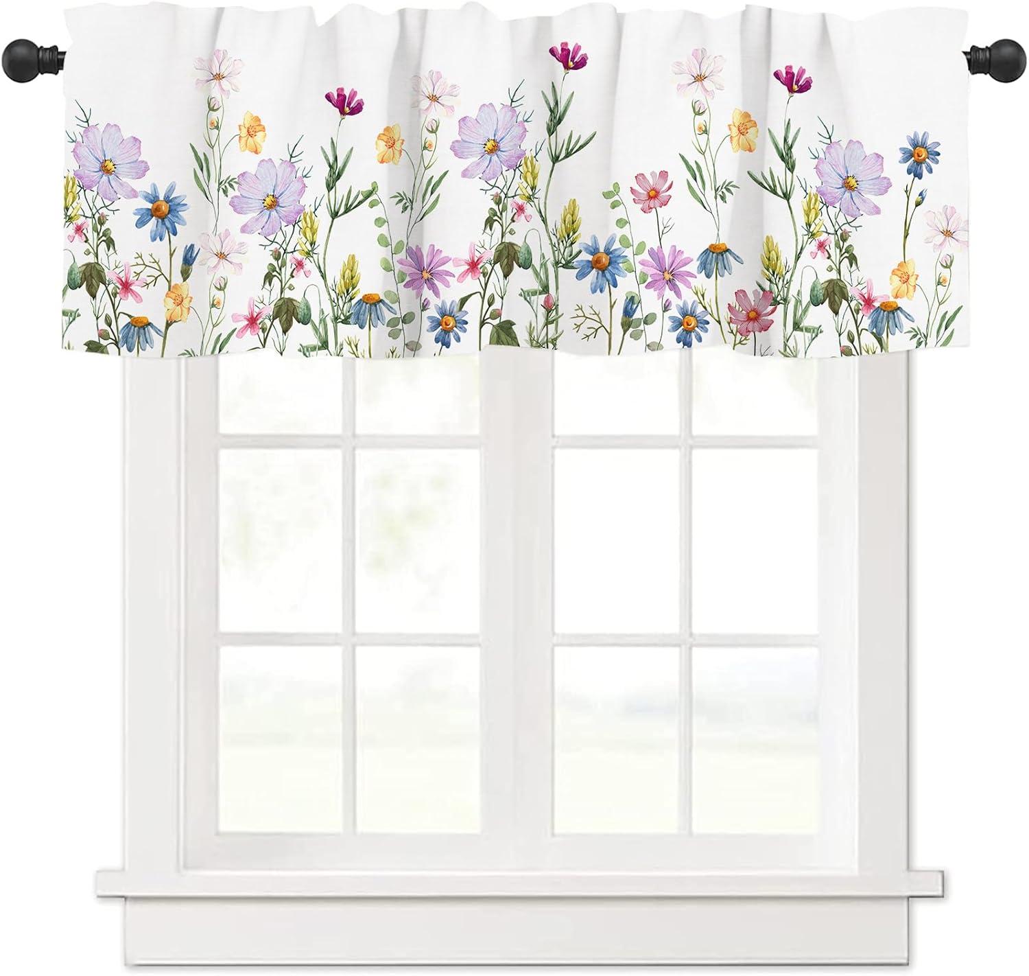 Spring Watercolor Floral Print Valance with Rod Pocket, 54" x 18"