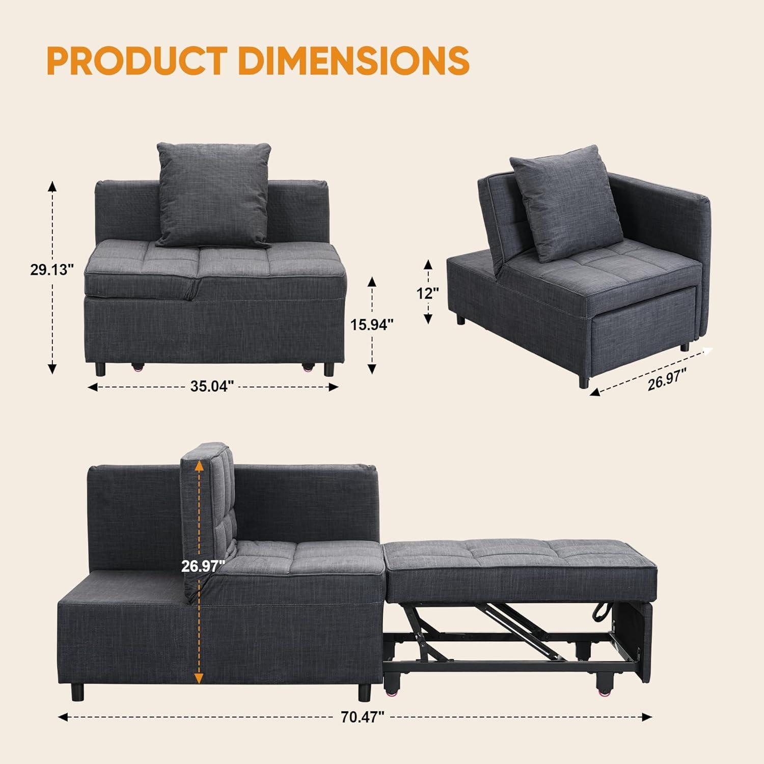 Ainfox 4-in-1 Convertible Sleeper Chair Bed Pull Out Sofa Bed Chaise Lounge for Home Office, Grey