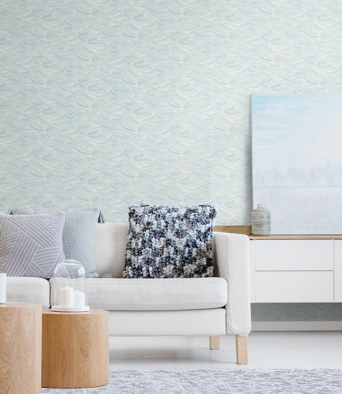 Seaside Waves Blue Pre-pasted Washable Wallpaper