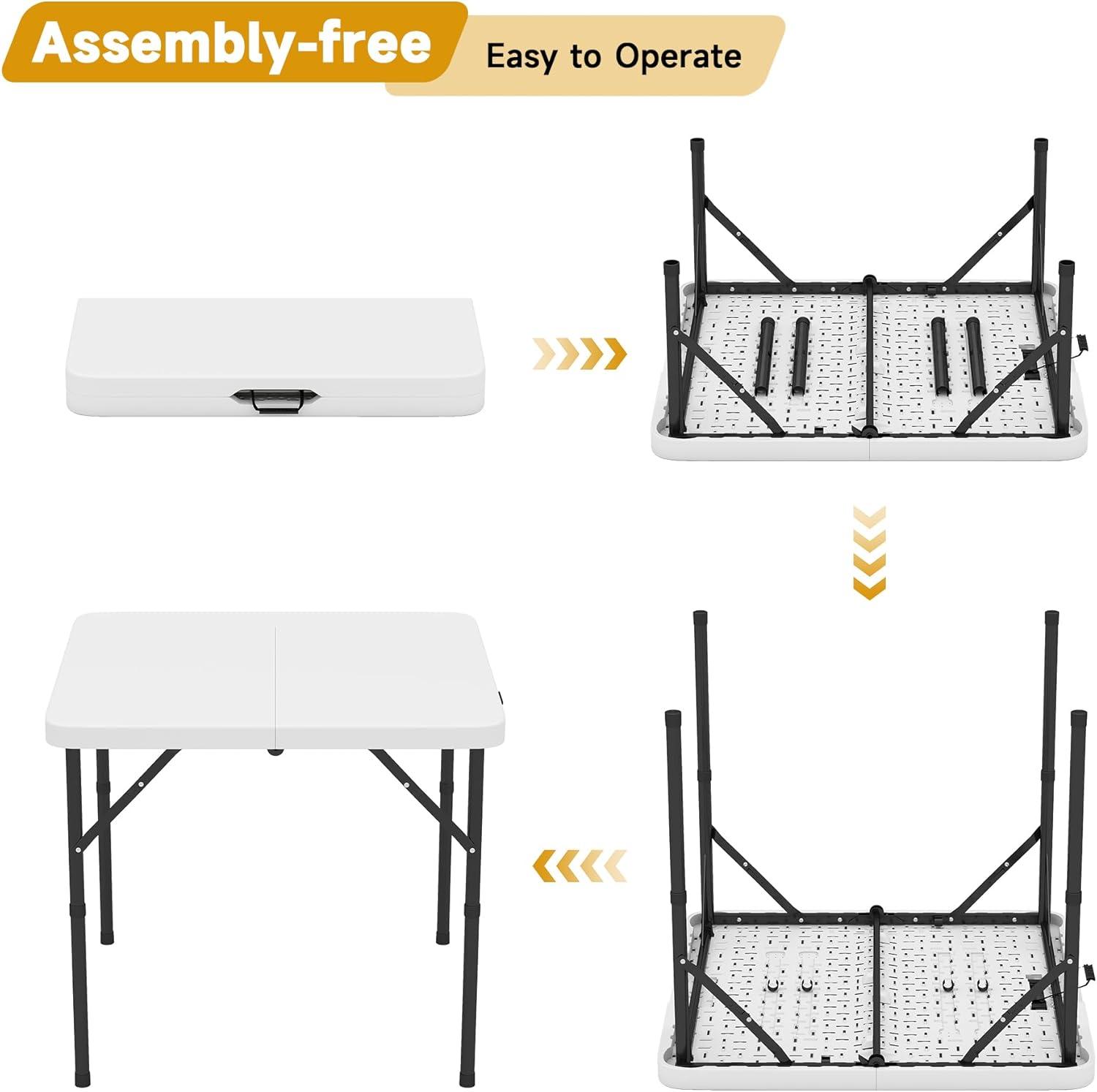 4 ft Portable Folding Table, Idustrial Heavy-Duty Foldable Table, HDPE Plastic Table, with Carrying Handle, Locks, Stright Legs for Indoor & Outdoor Party, Barbeque, Camping, Board Games - White