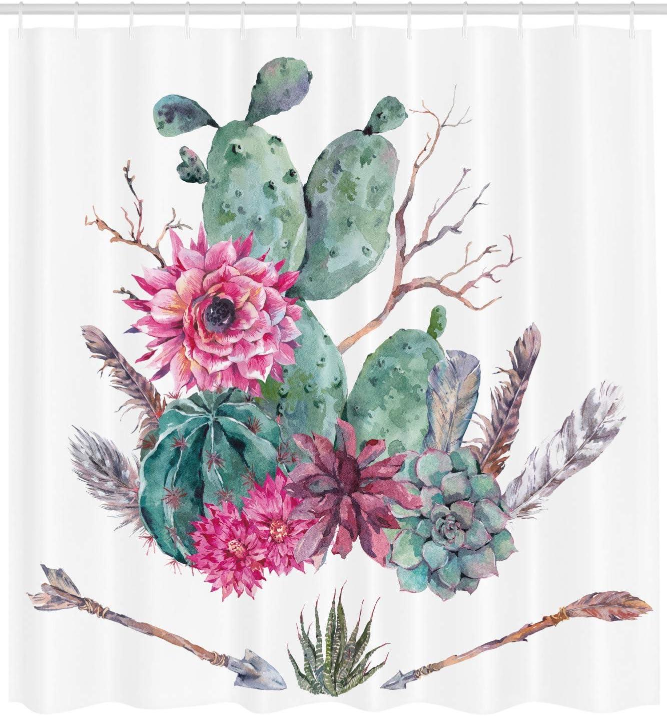 Exotic Cactus Watercolor Bohemian Fabric Shower Curtain 69"W x 84"L