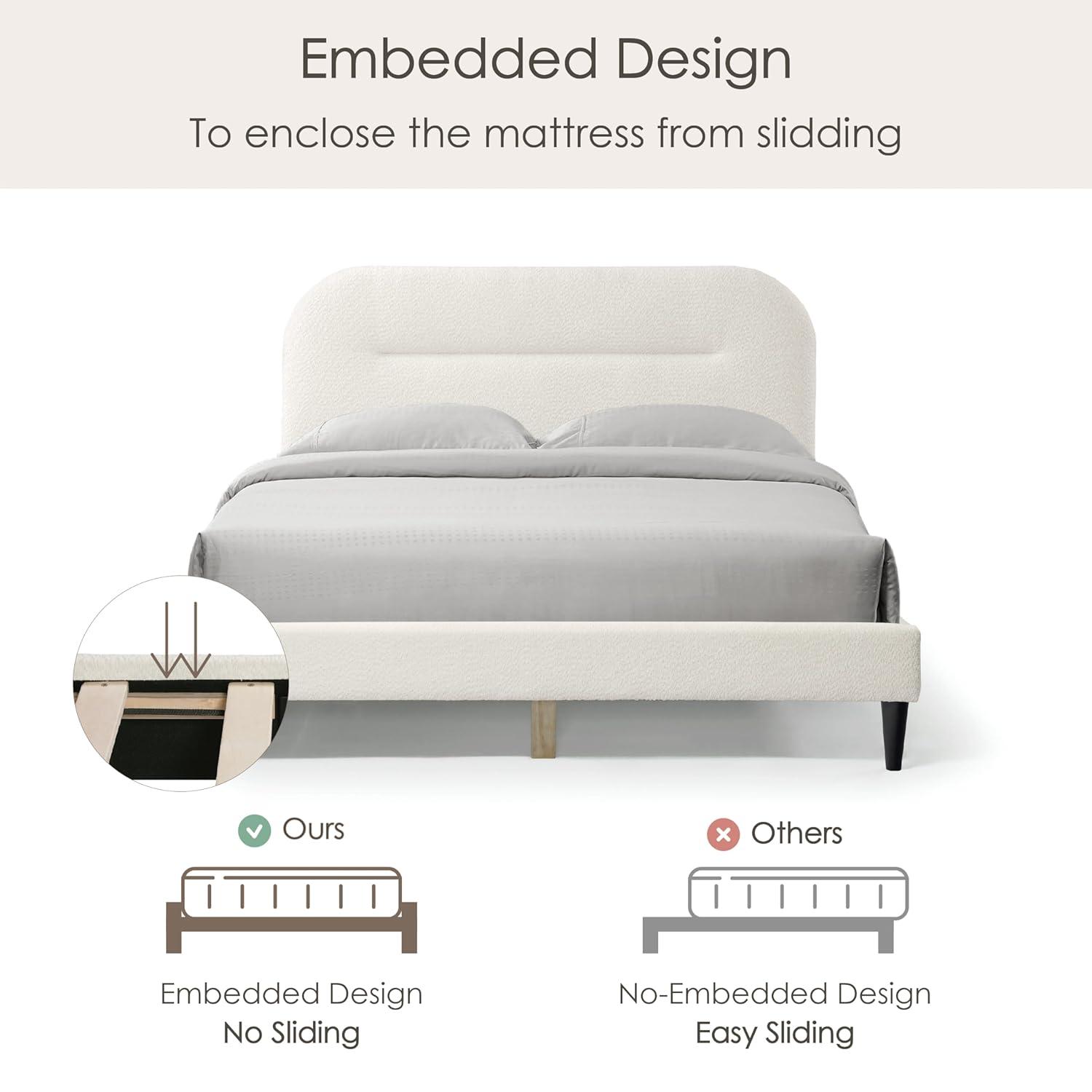 24/7 Shop At Home Queen Heartwild Modern Boucle Upholstered Rounded Platform Bed White: Padded Headboard, No Box Spring Required