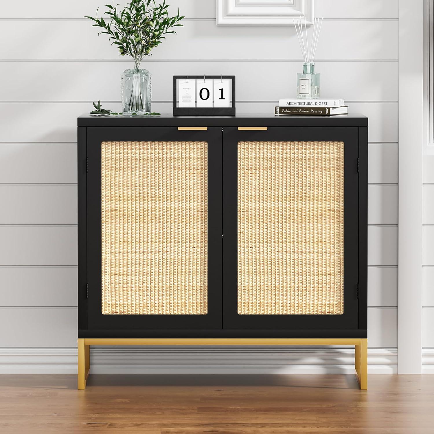Anmytek  Mid-Century Modern 2-Door Black Buffet Sideboard Accent Storage Cabinet with Adjustable Shelves