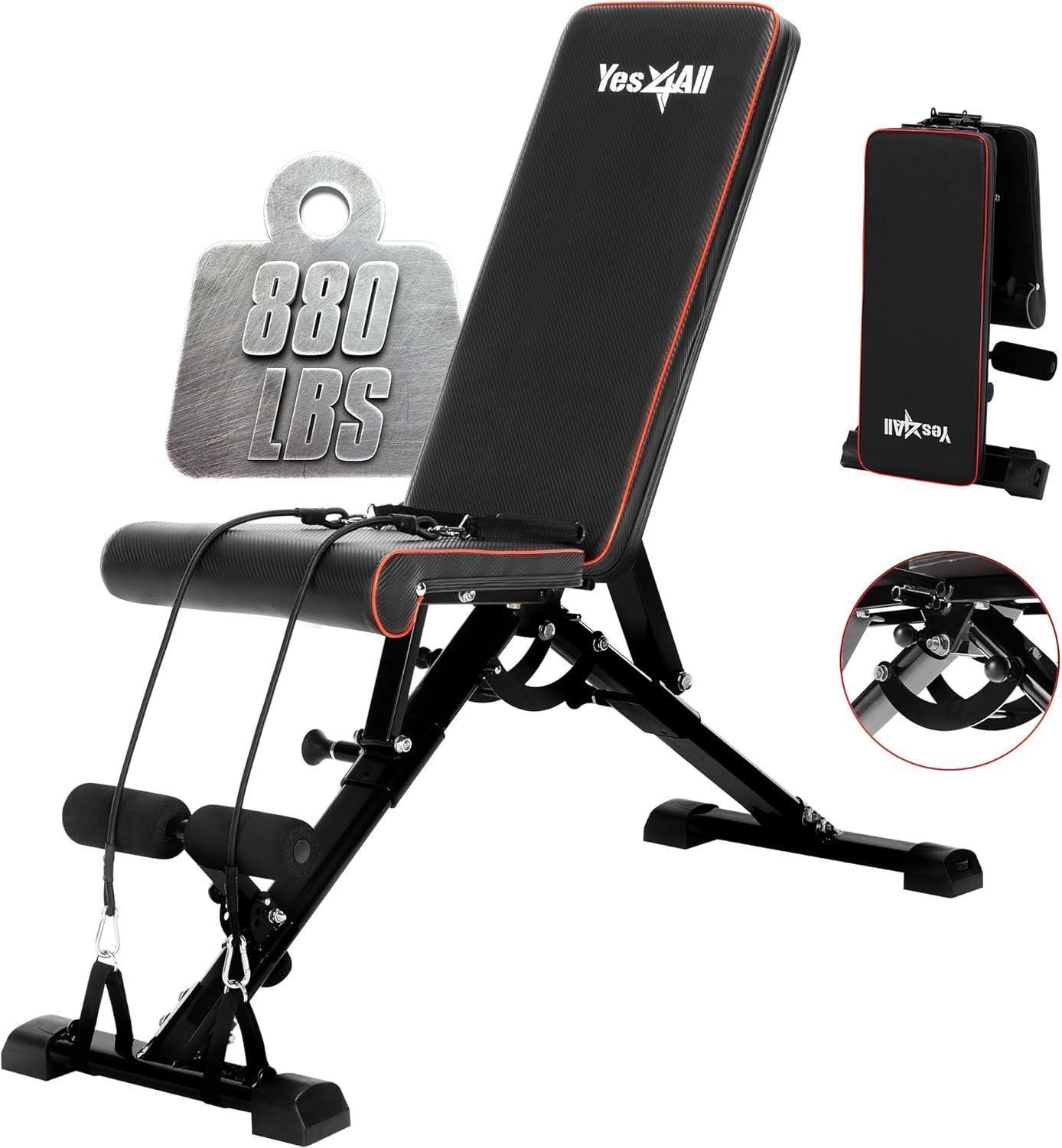 ‎Yes4All 880lb Capacity Adjustable Weight Bench, Foldable Workout Bench for Home Gym, Incline Bench with Innovative Stabilizing Frame