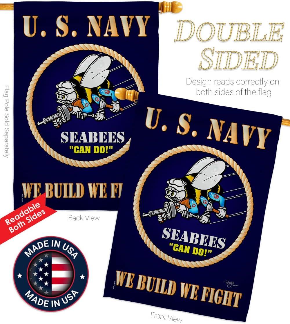 Breeze Decor Sea Bees House Flag - Armed Forces Navy USN Seabee United State American Military Veteran Retire Official - Decoration Banner Small Garden Yard Gift Double-Sided Made in USA 28 X 40