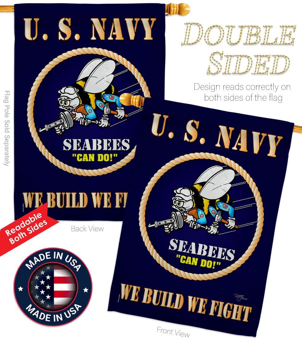 Breeze Decor Sea Bees House Flag - Armed Forces Navy USN Seabee United State American Military Veteran Retire Official - Decoration Banner Small Garden Yard Gift Double-Sided Made in USA 28 X 40
