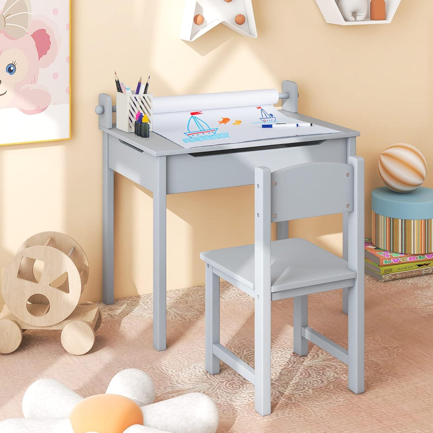 Gray Wooden Kids Activity Table and Chair Set with Storage