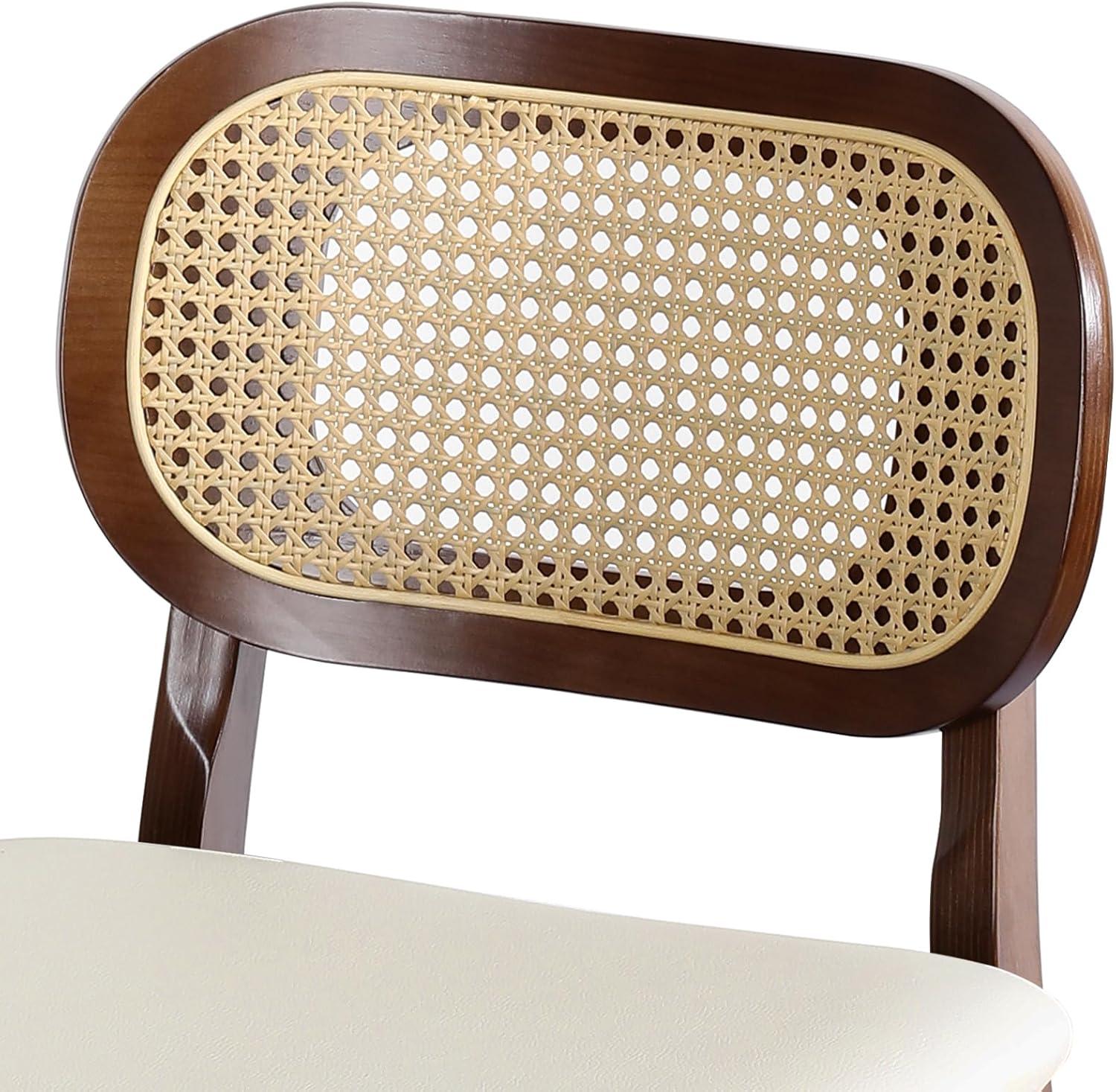 Lucky Monet Wood Upholstered Counter Height Bar Stools with Rattan Back - 36.81"H x 17.72"W x 18.7"D Set of 2 - White Faux Leather/ Brown Frame