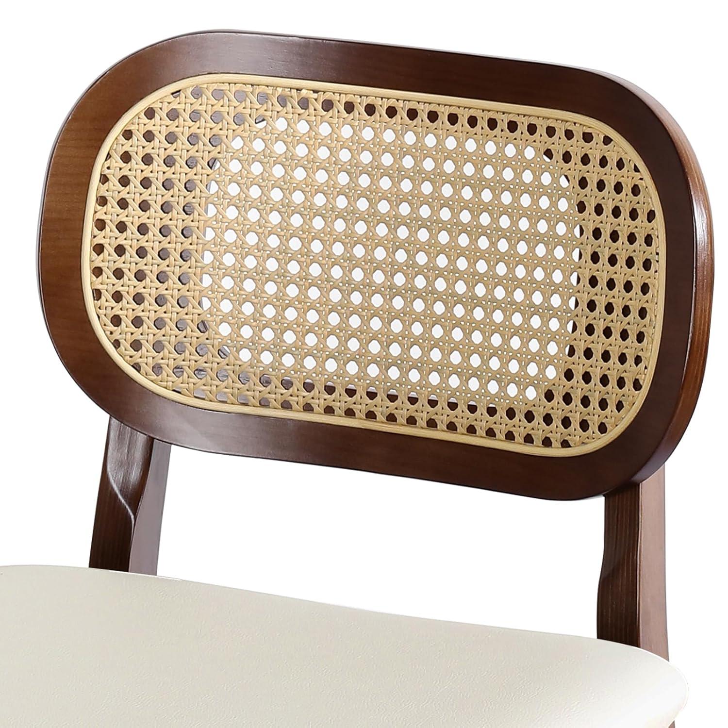 Lucky Monet Wood Upholstered Counter Height Bar Stools with Rattan Back - 36.81"H x 17.72"W x 18.7"D Set of 2 - White Faux Leather/ Brown Frame