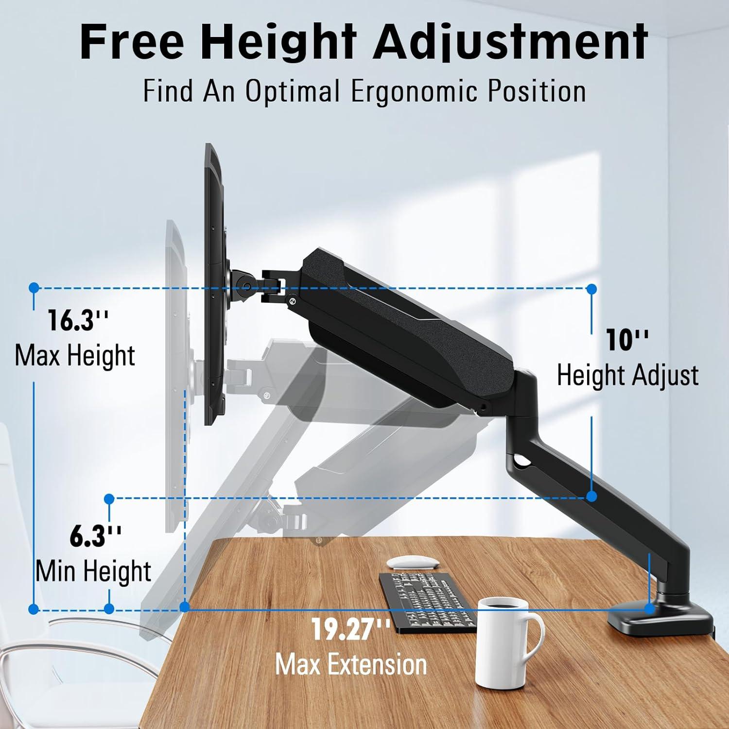 Adjustable Black Single Monitor Desk Mount with Gas Spring Arm