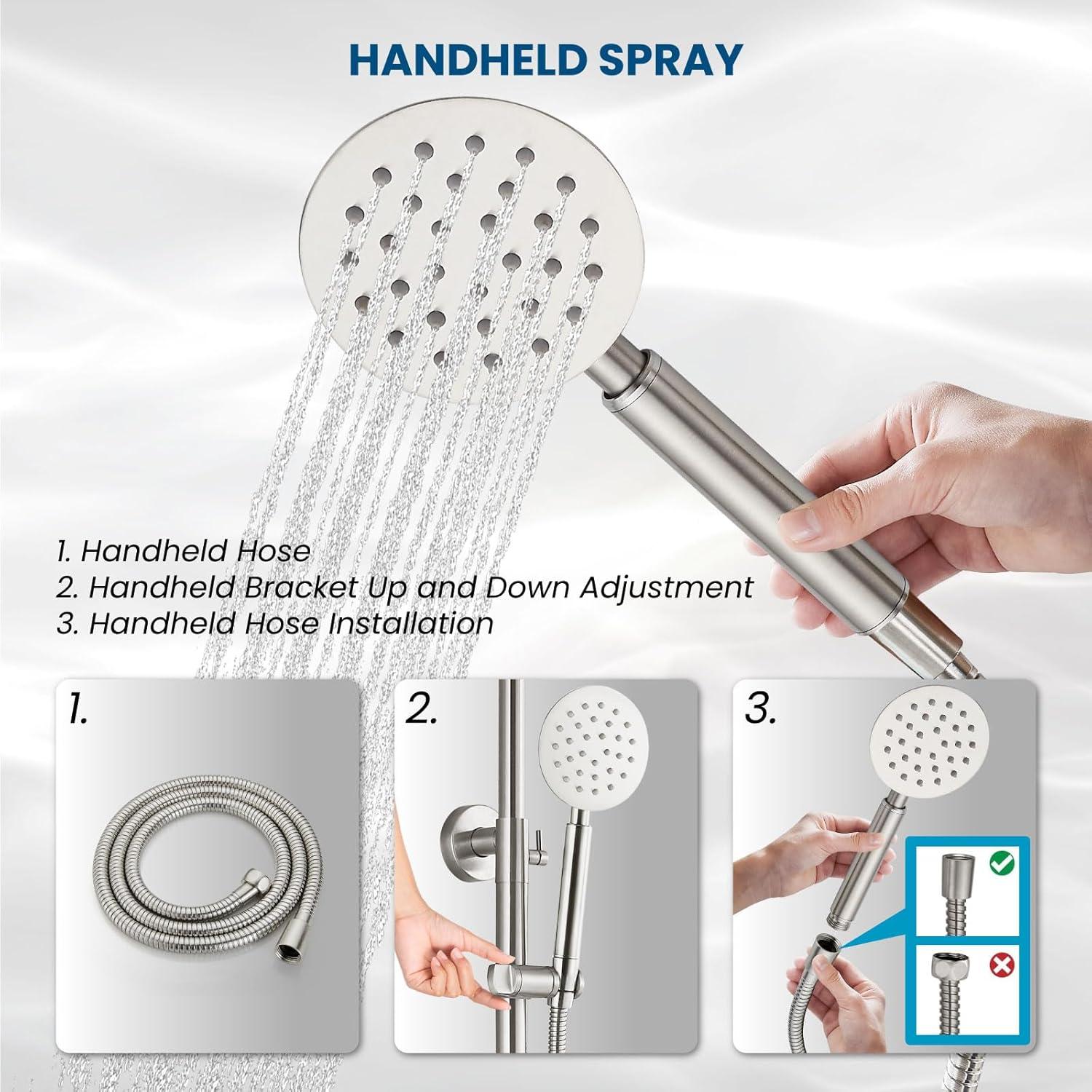 Brushed Nickel Wall Mounted Rain Shower System with Handheld