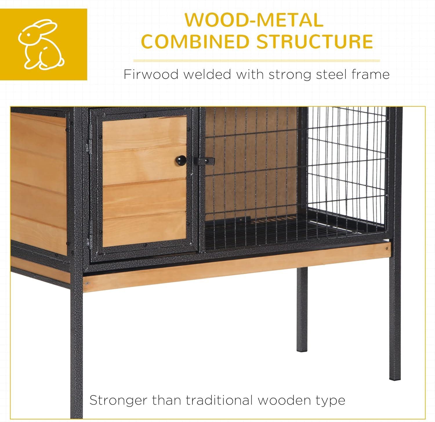 PawHut Rabbit Hutch Elevated Bunny Cage Small Animal Habitat with Metal Frame, Wire Pan, and Asphalt Roof for Indoor/Outdoor Natural Wood