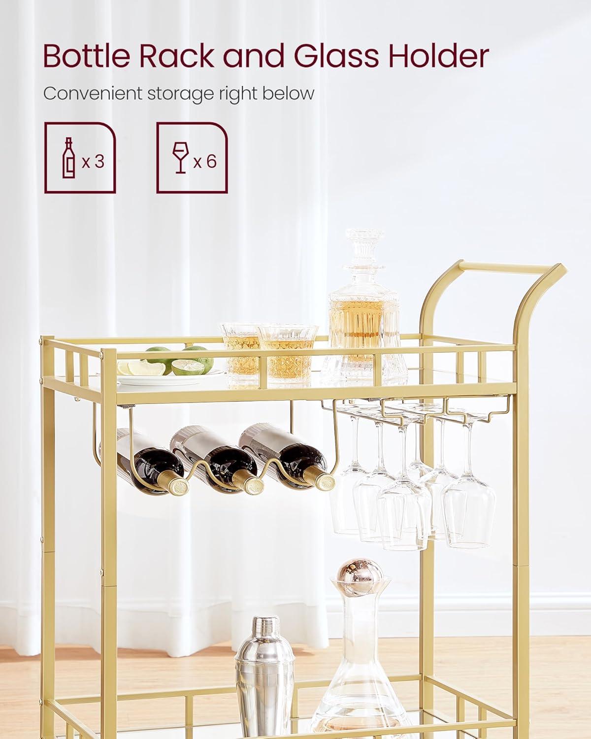 VASAGLE Bar Cart Gold, Home Bar Serving Cart, Wine Cart with 2 Mirrored Shelves, Wine Holders, Glass Holders, for Kitchen, Dining Room, Gold ULRC092A62
