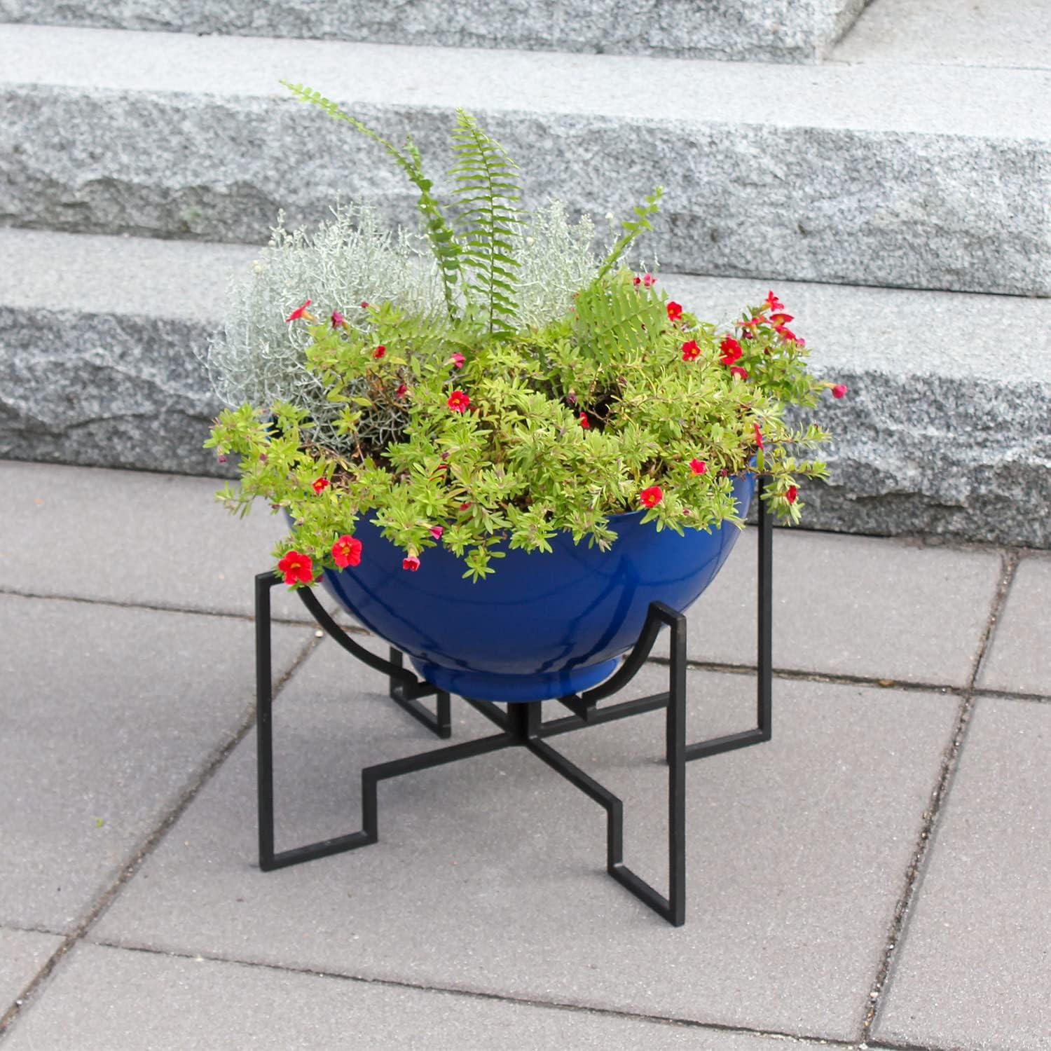 French Blue Galvanized Steel Round Plant Pot with Black Iron Stand