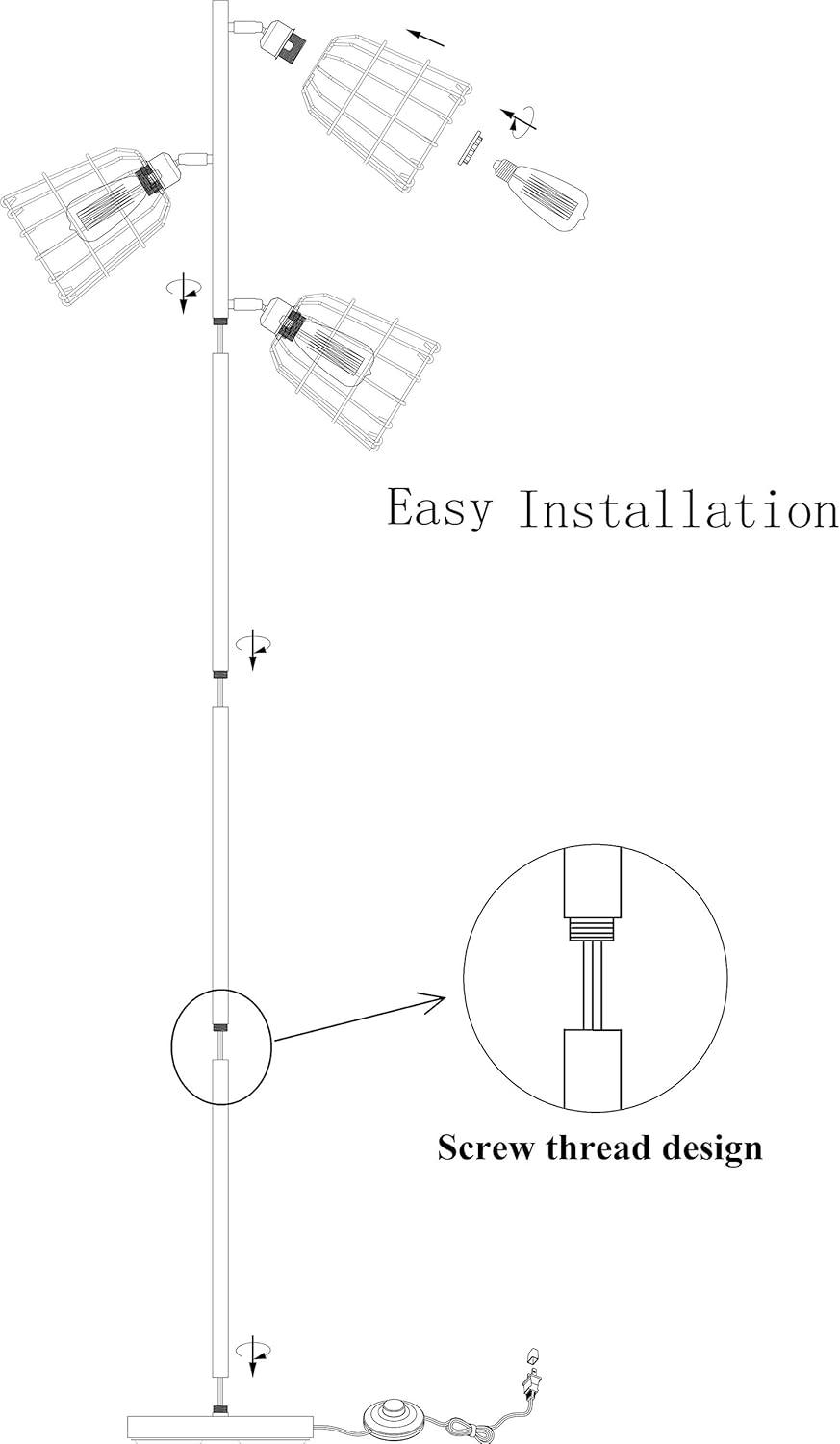 65'' Gold Adjustable Industrial Floor Lamp with Edison Bulbs