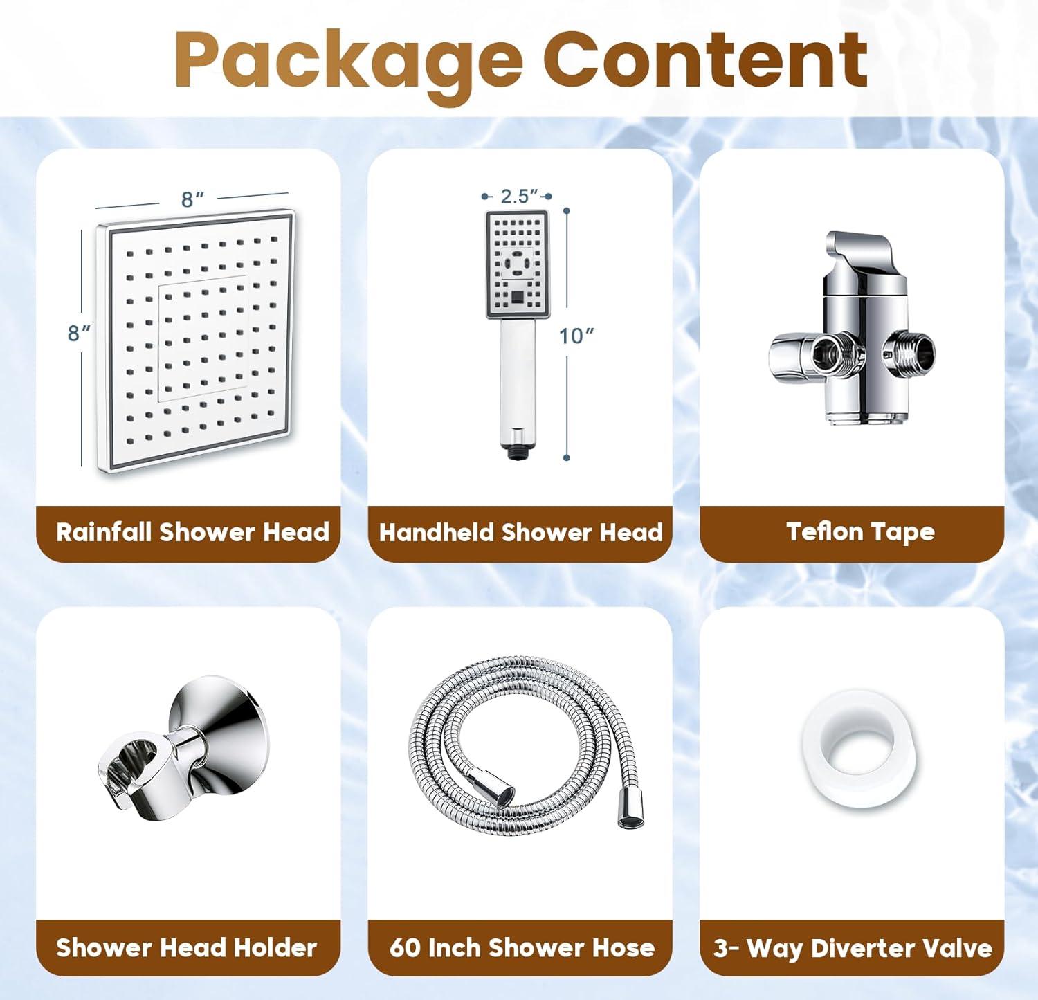 BRIGHT SHOWERS Rain Shower Head Combo, 8" Rainfall Shower with Handheld Spray, 60" Hose, 3-Way Diverter, Wall Bracket, Chrome