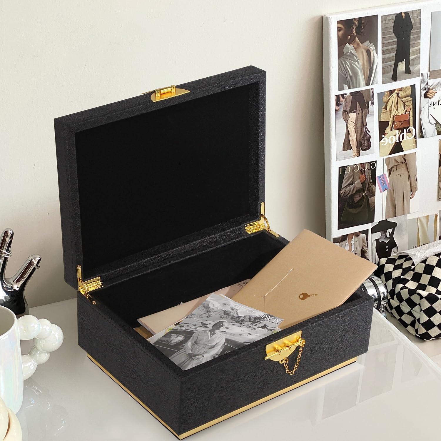 Elegant Black Faux Leather Rectangular Decorative Box with Gold Accents