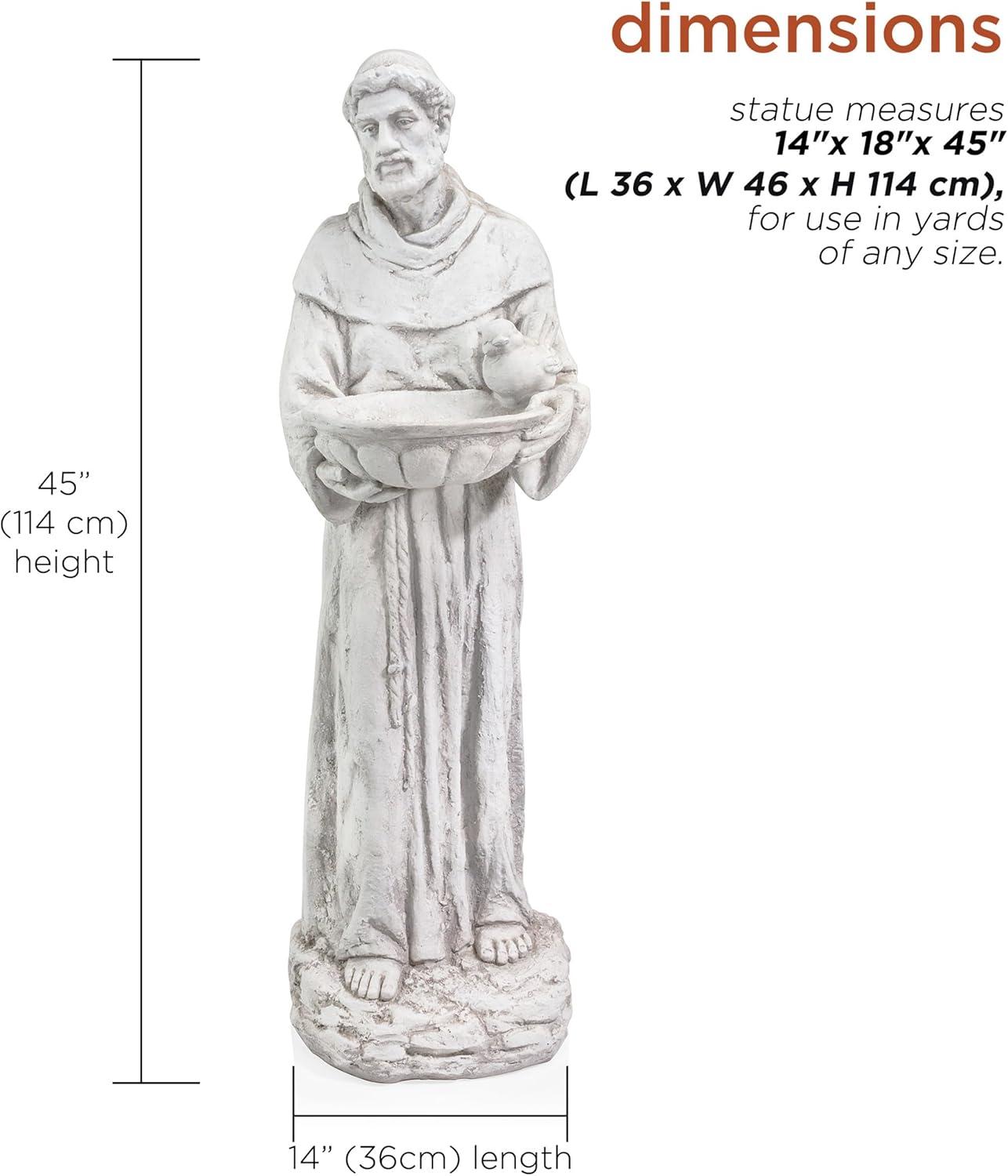 45 in. Tall Outdoor Saint Francis Birdbath Statue Yard Art Decoration, Light Gray