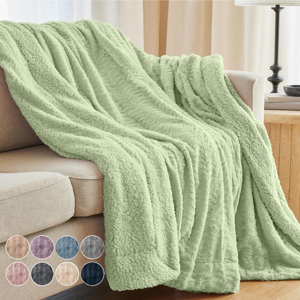 Sage Green Faux Fur Sherpa Reversible Throw Blanket, 65” x 50”