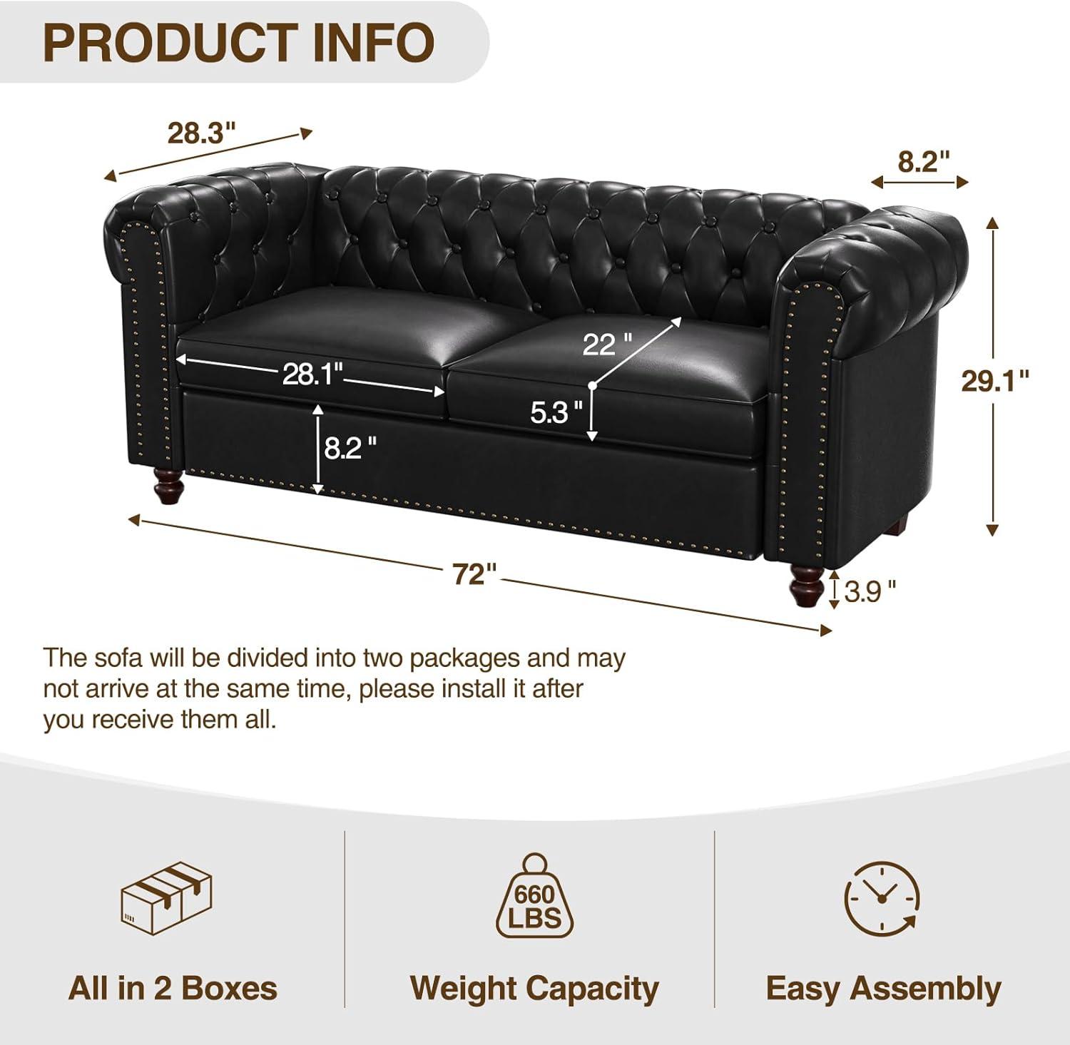 Alcott Hill® 72 Inch Couch Chesterfield Leather Sofa With Wooden Legs
