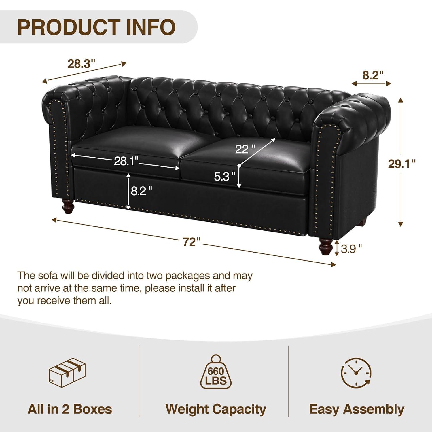 Alcott Hill® 72 Inch Couch Chesterfield Leather Sofa With Wooden Legs