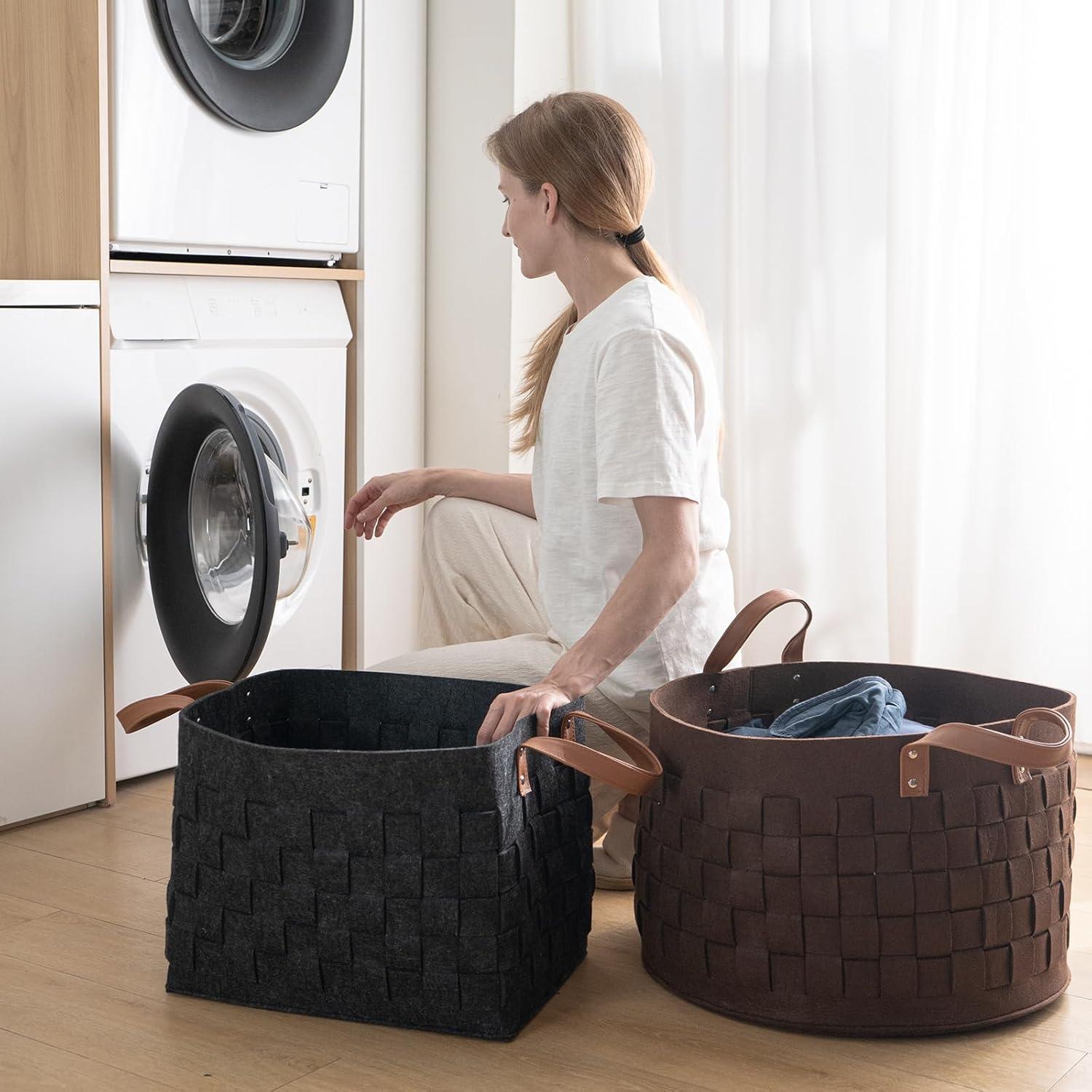 Laundry Basket 20" x20 x11.8, Large Round Blanket Basket with Leather Handle, Felt Storage Basket for Living Room, Nursery, Dog Toys-Dark Gray