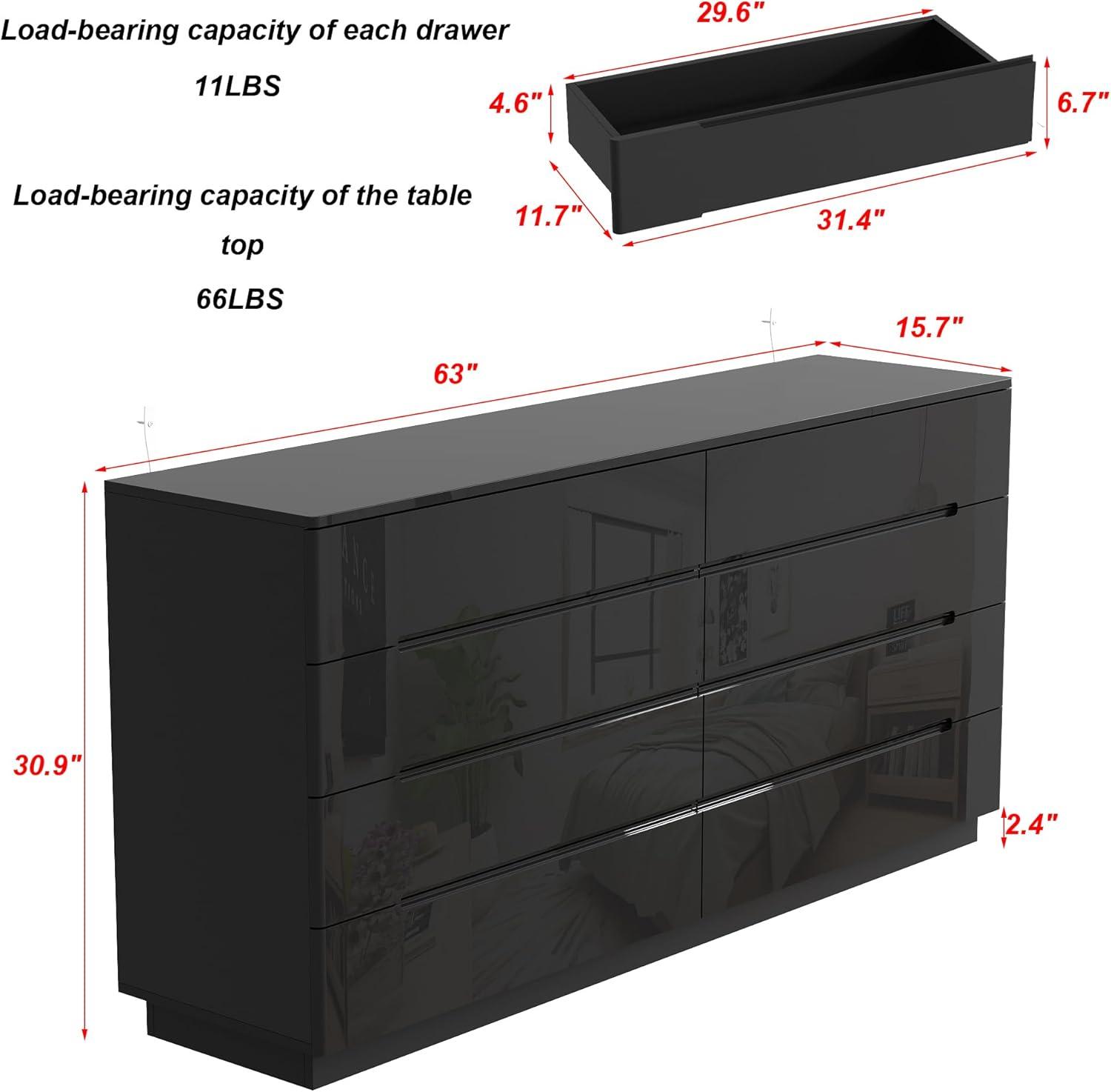 Black 8-Drawer 63 in. W Wood Double Dresser Chest of Drawers Bedroom Storage Organizer in With High Gloss and LED Lights
