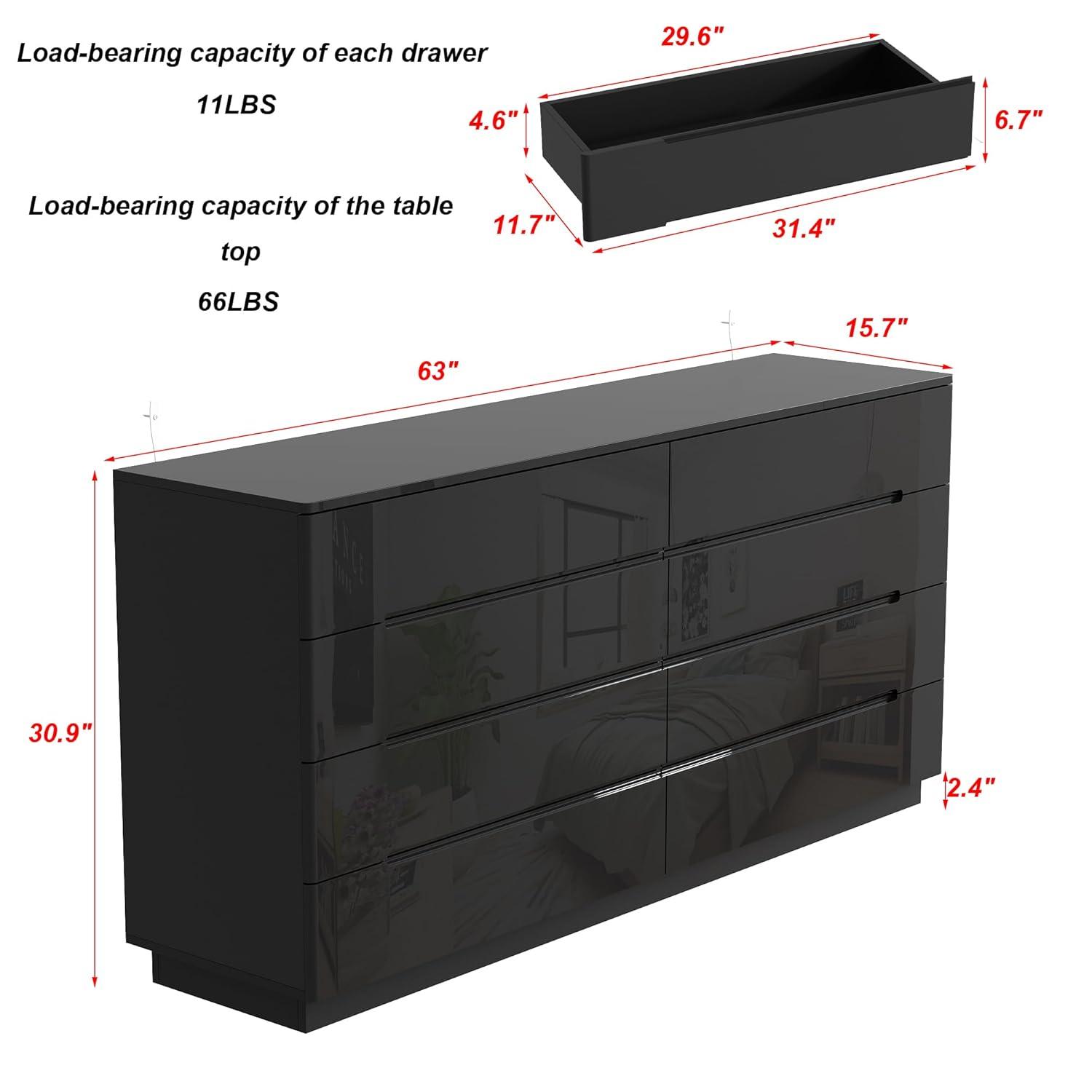 Black 8-Drawer 63 in. W Wood Double Dresser Chest of Drawers Bedroom Storage Organizer in With High Gloss and LED Lights