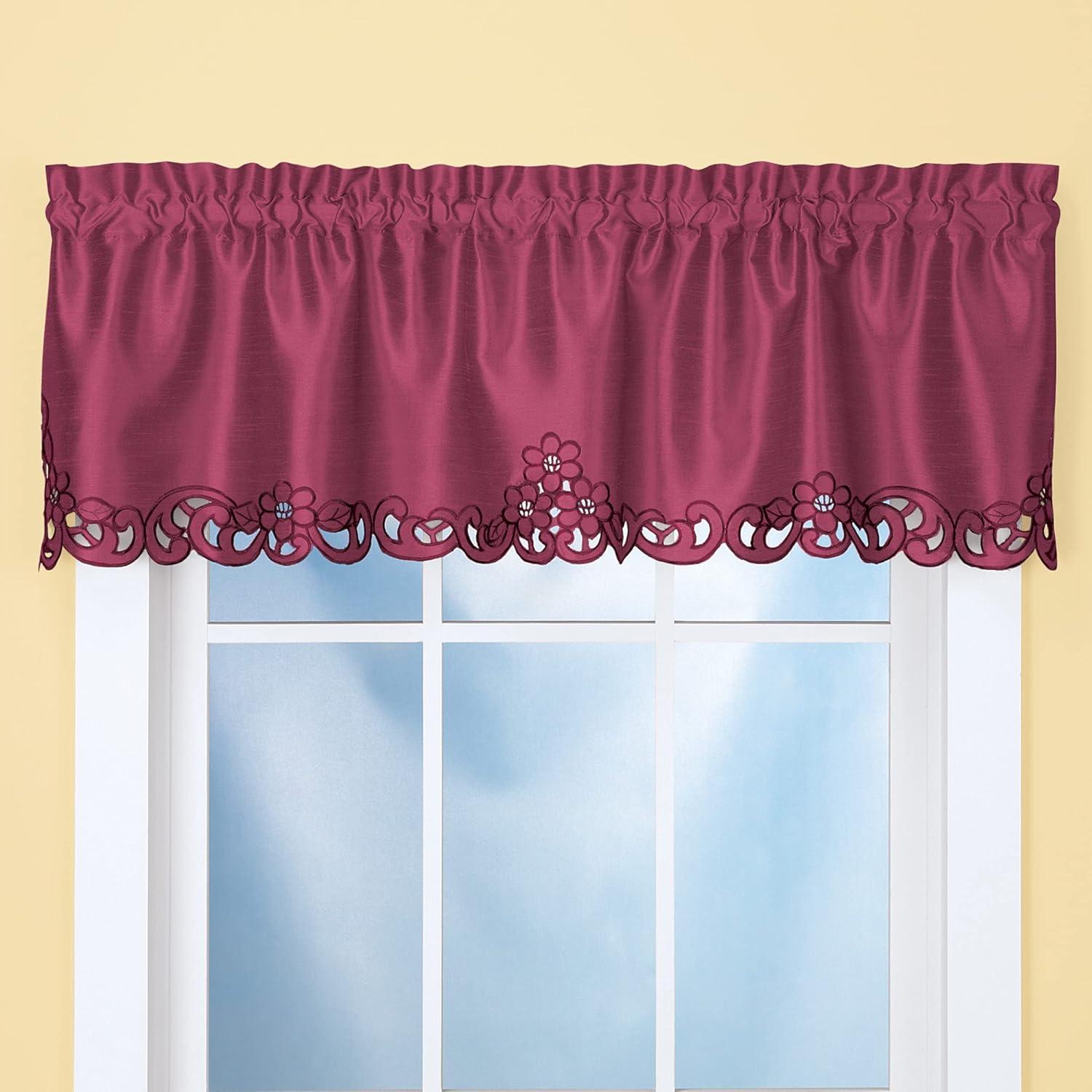 Collections Etc Elegance Scroll Embroidered Cut-Out Window Valance with Rod Pocket Top for Easy Hanging, 58" W x 13" L, Burgundy