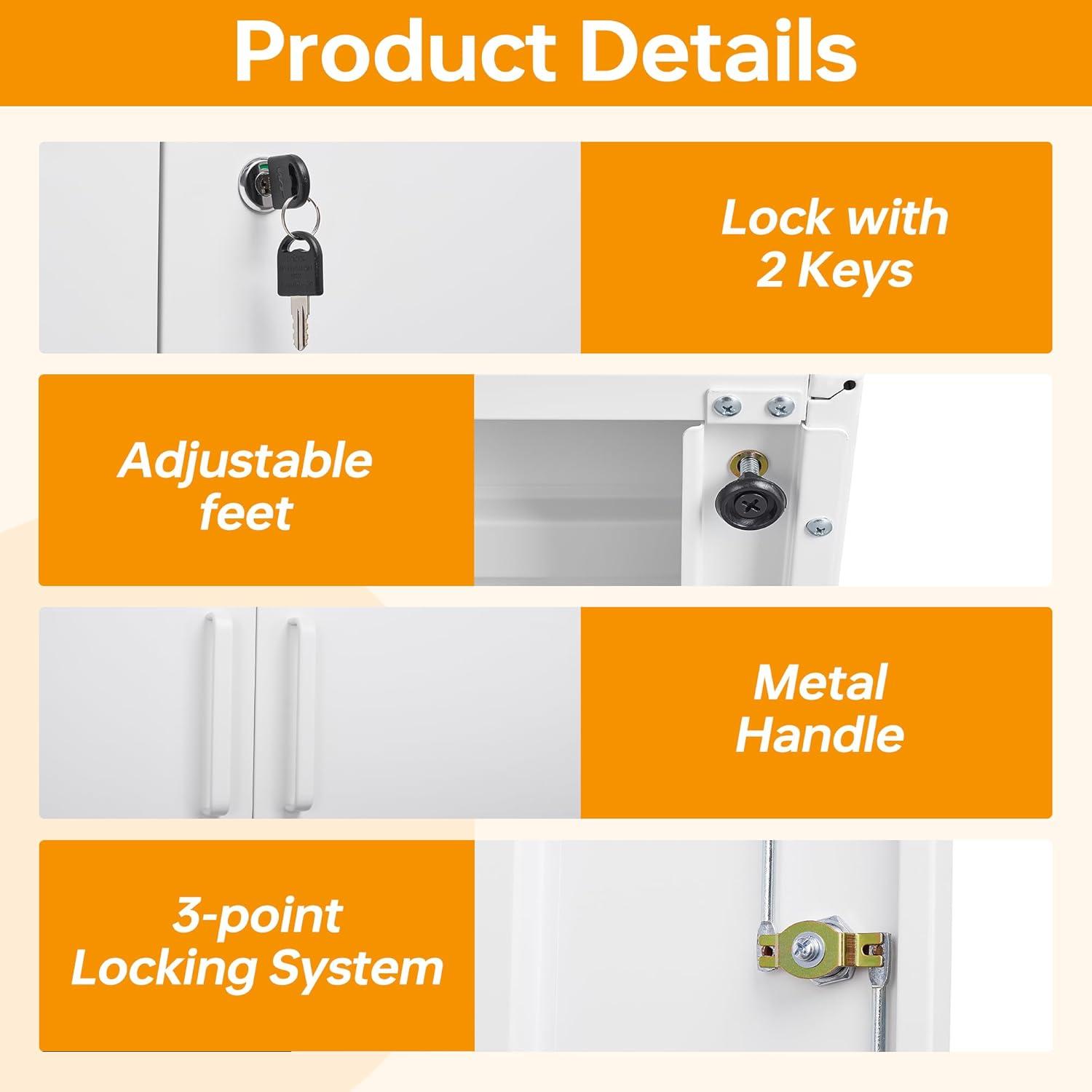 Metal Storage Cabinet with 2 Doors, Lockable Steel Storage Cabinet with 2 Doors and Adjustable Shelves, Steel Lockable File Cabinet, Locking Tool Cabinets for Office,Home,Garage