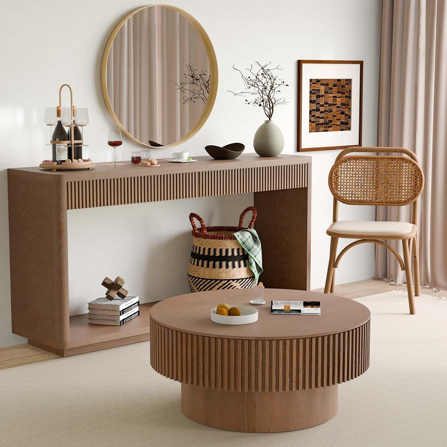 31.5" Round Wood Coffee Table with Storage - Modern Drum Circle Fluted Side Table for Apartment, Office - Easy Assembly, Walnut