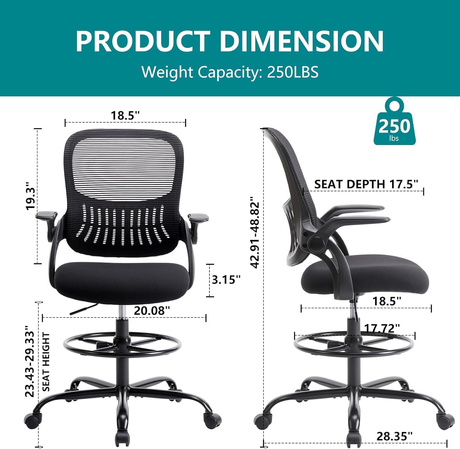 Black Mesh Adjustable Office Drafting Chair with Arms