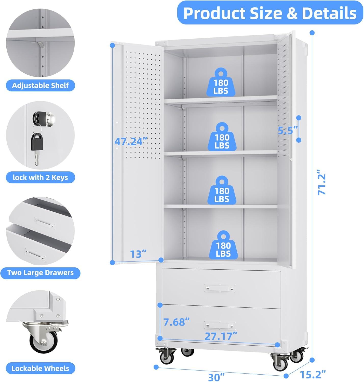 AOBABO 72 Inch Locking Metal Garage Home Office Storage Cabinet with Universal Rubber Wheels/Lockable Casters and Magnetic Doors, White