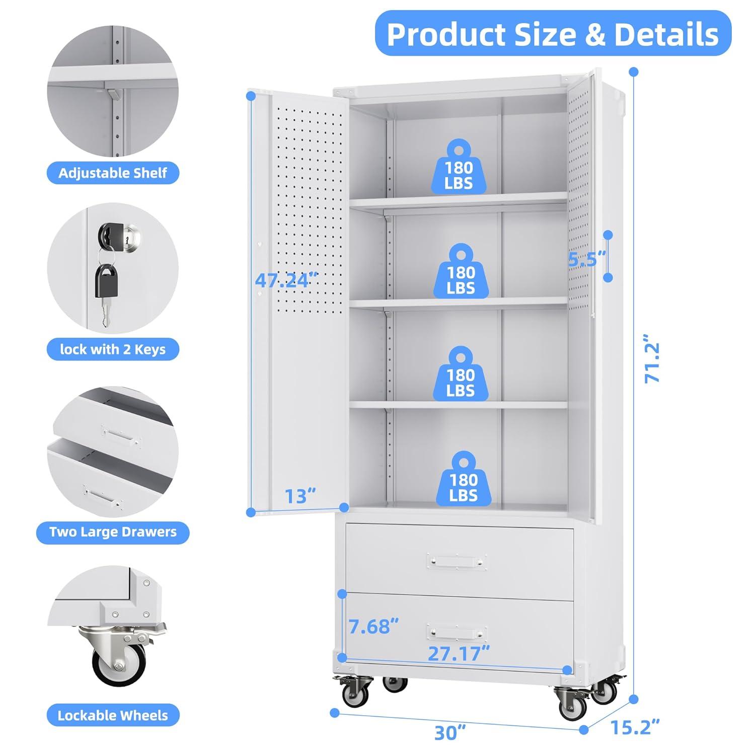 AOBABO 72 Inch Locking Metal Garage Home Office Storage Cabinet with Universal Rubber Wheels/Lockable Casters and Magnetic Doors, White