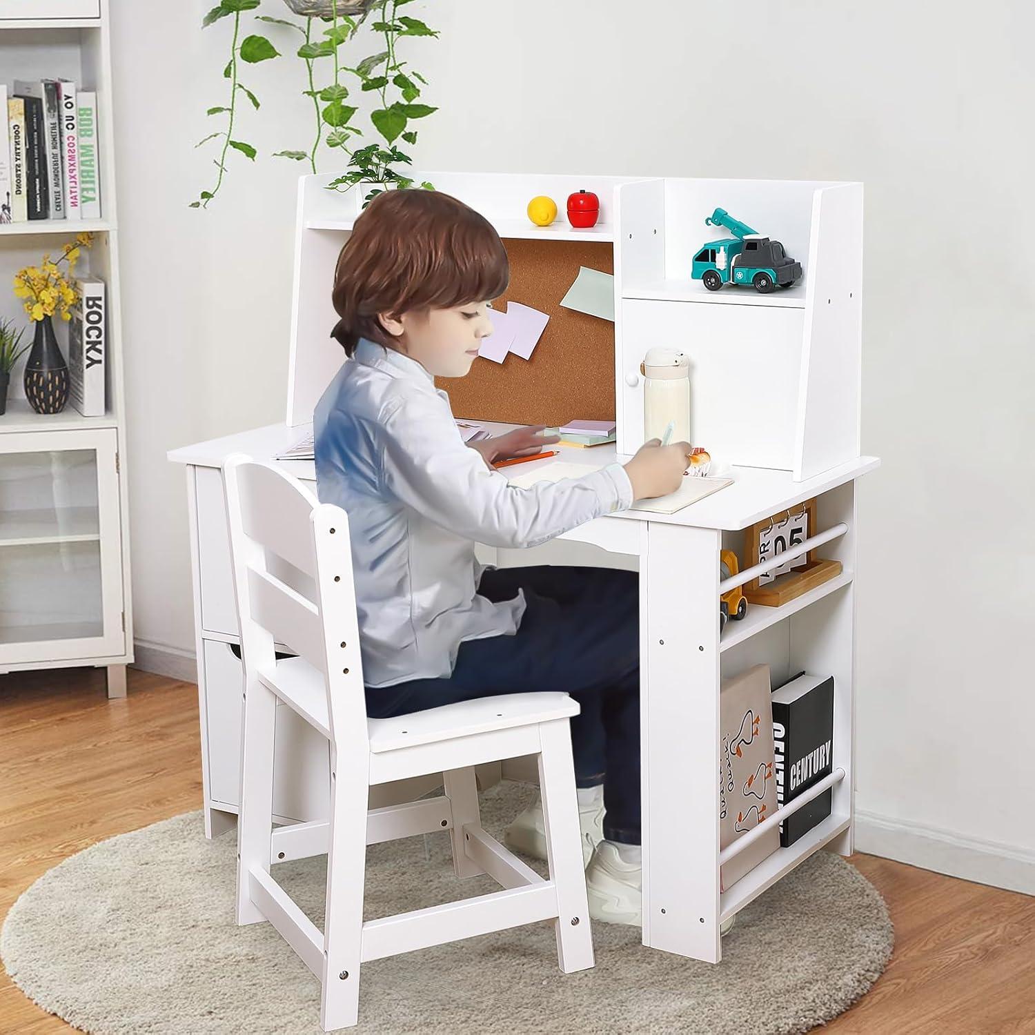 Soonbuy Kids Desk, Wooden Study Desk and Chair Set for Children, Writing Desk with Storage for 3-8 Yrs Boys Girls,White