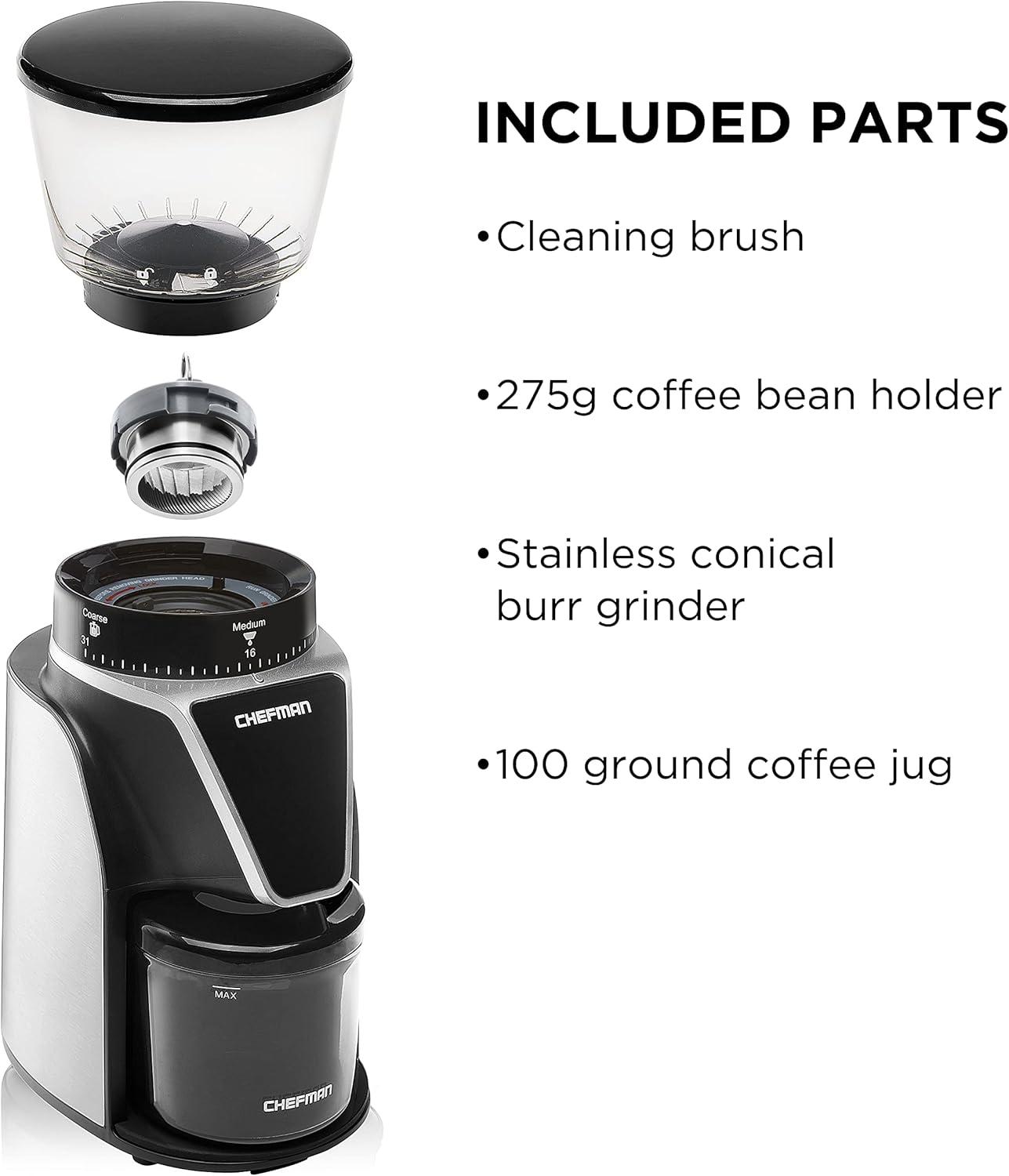 Chefman Conical Burr Precision Coffee Grinder, 9.7 oz. Bean Capacity, Black