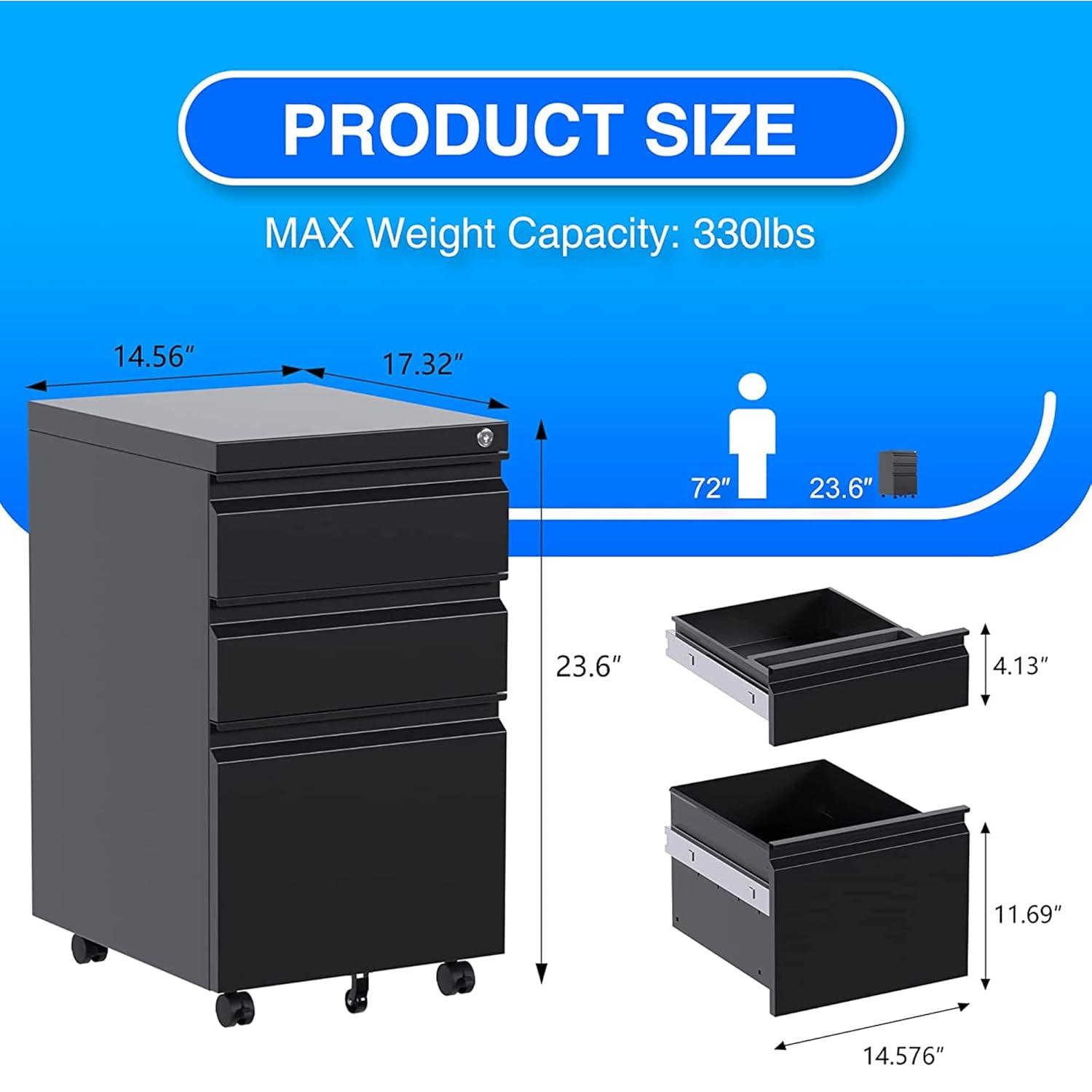 Aobabo 3 Drawer File Cabinet with Lock,Metal Filing Cabinet with Wheels for Home Office & Business Enterprise, Legal/Letter Size, Fully Assembled Except Wheels, Black