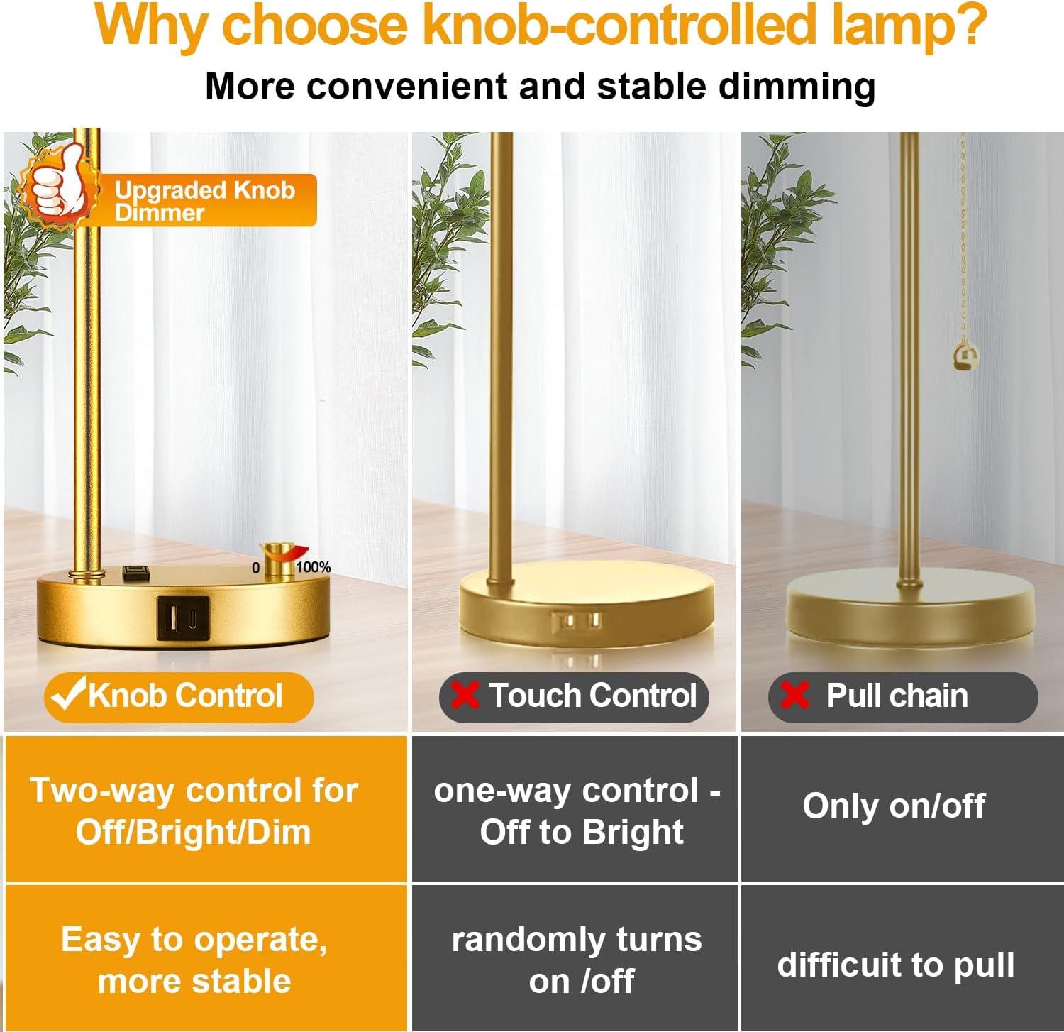 【Upgraded】Set of 2 Industrial Table Lamps with 2 USB Port, Fully Stepless Dimmable Bedside Lamps for Bedroom, Nightstand Desk Lamps with Glass Shade for Bedroom Living Room Office 2 LED Bulb Included