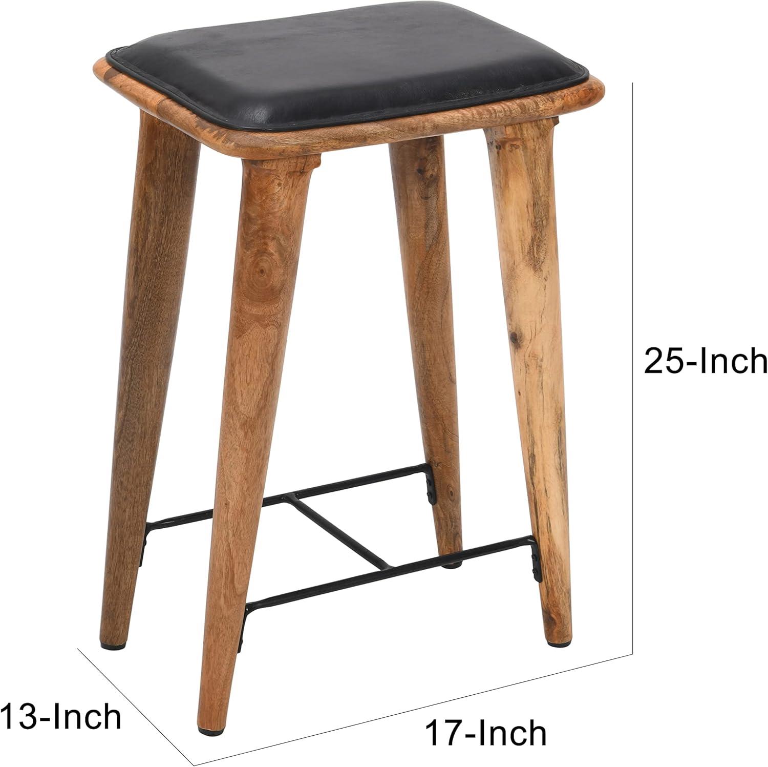 25-Inch Brown Mango Wood and Black Leather Counter Stool