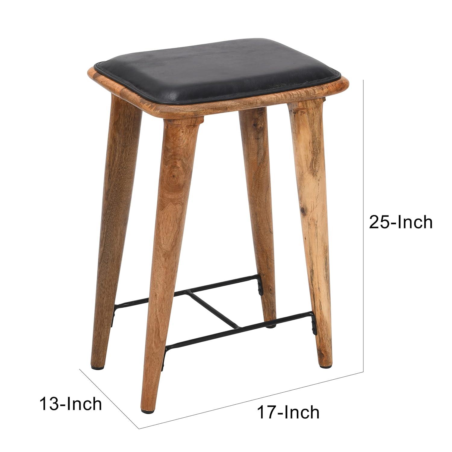 25 Inch Counter Height Bar Stool, Genuine Leather Seat, Mango Wood Frame, Black, Brown- Saltoro Sherpi