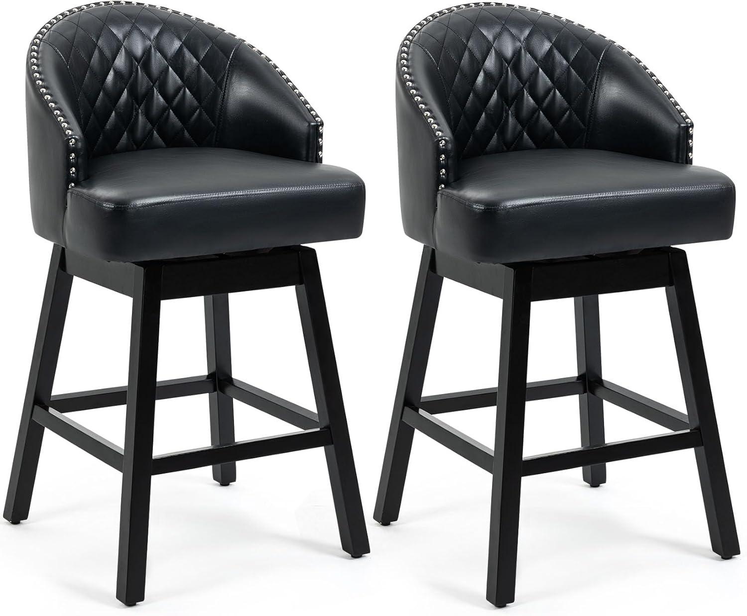 ECOTOUGE Swivel Barstools Set of 2, 29" Seat Height Bar Stools with Back & Rubber Wood Legs, PU Leather Counter Stools for Kitchen Island, Dining Room, Pub & Cafe (2PCS,Black)