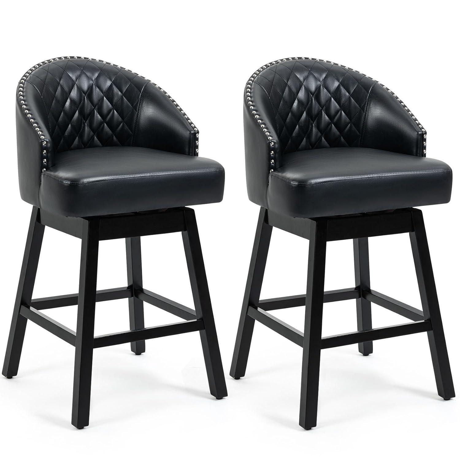ECOTOUGE Swivel Bar Stools Set of 2, 26" Seat Height Kitchen Stools with Back & Wood Legs, Velvet Upholstered Counter Stools with Pull Ring for Kitchen Island, Dining Room, Pub & Cafe, Black